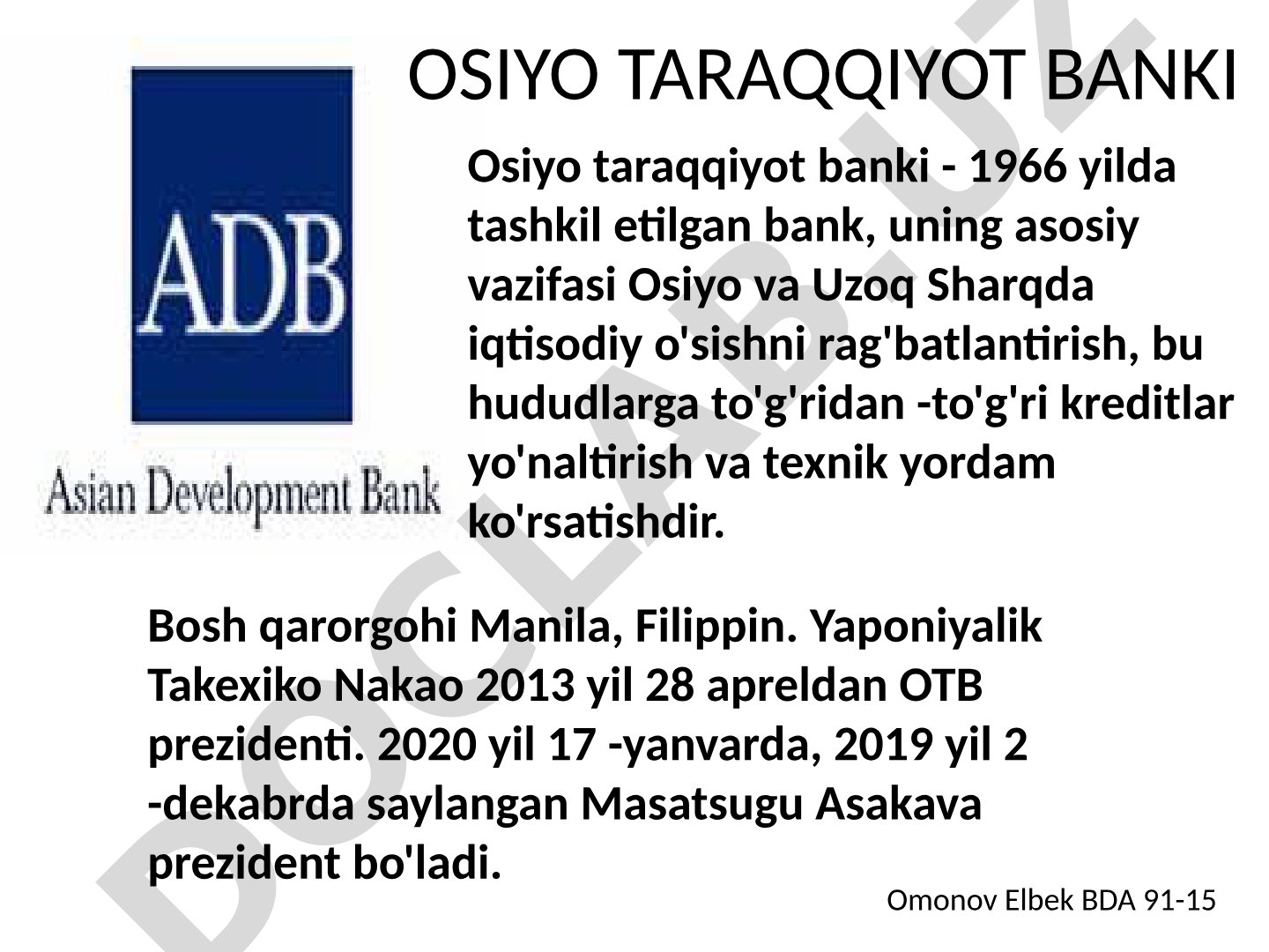 Osiyo taraqqiyot banki - tashkil etilishi, vazifalari va faoliyati