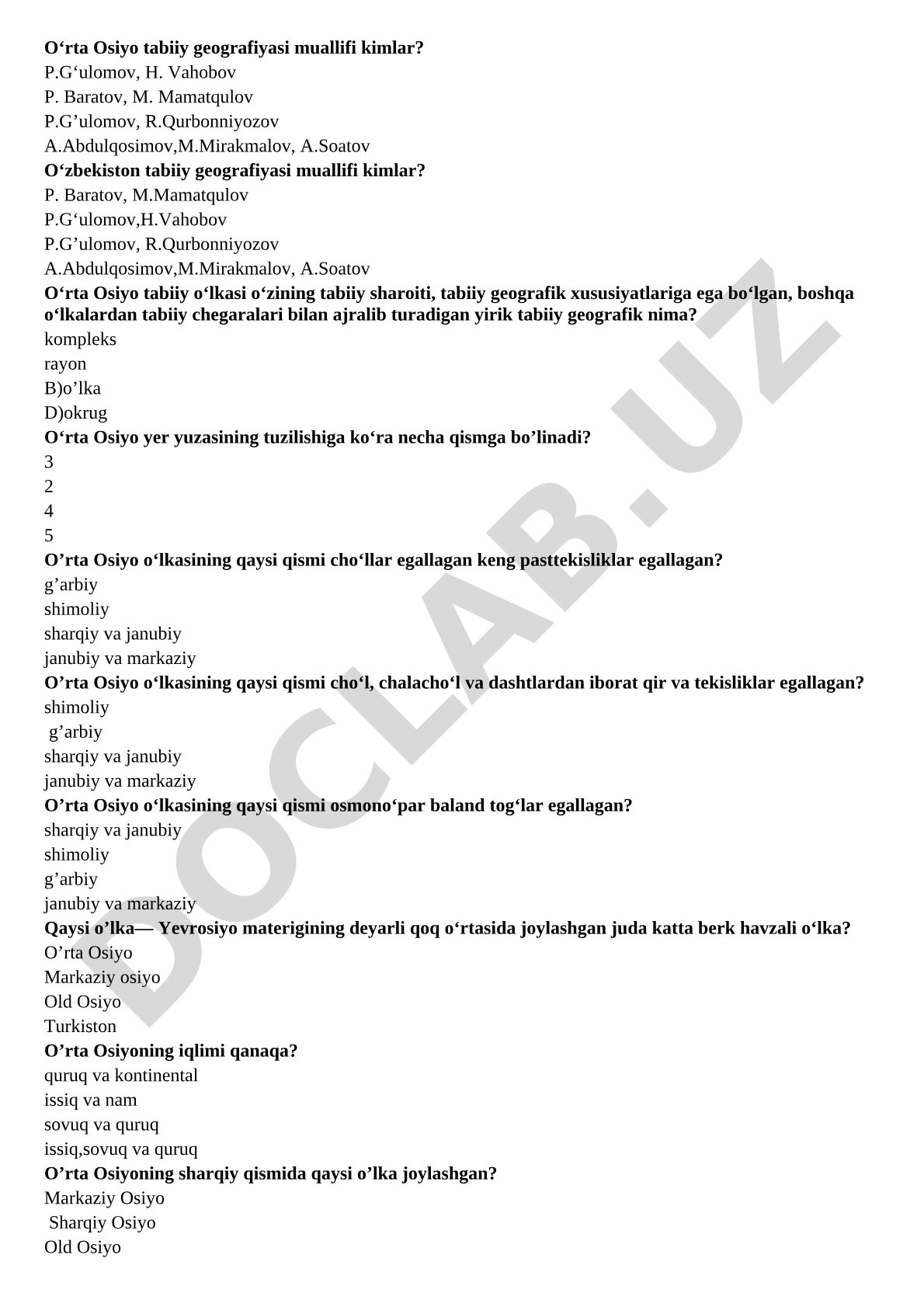 O‘rta Osiyo tabiiy geografiyasi