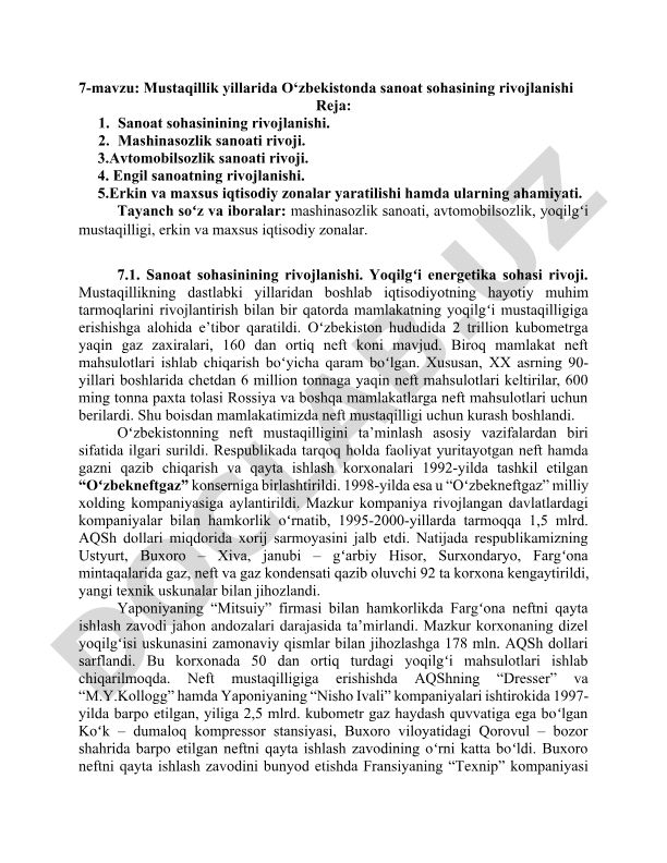 Mustaqillik yillarida O‘zbekistonda sanoat sohasining rivojlanishi