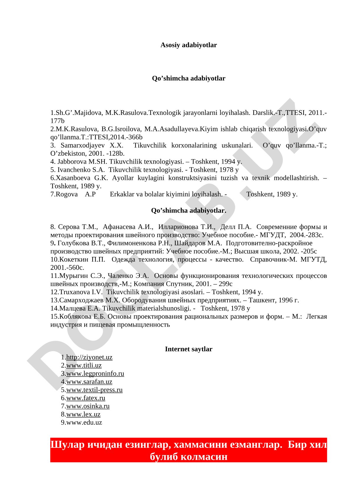 Tikuvchilik ishlab chiqarish texnologiyasi adabiyotlari