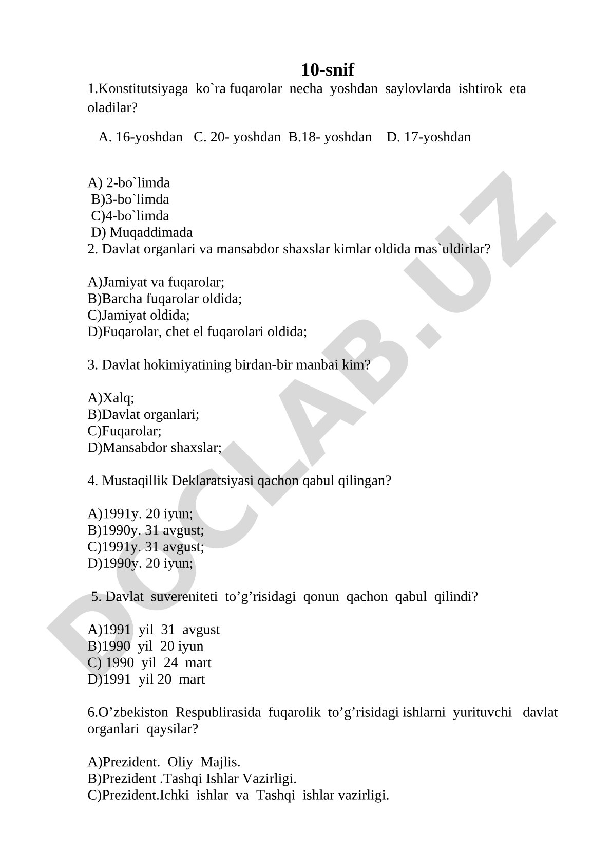 O'zbekiston Konstitutsiyasi bo'yicha test savollari