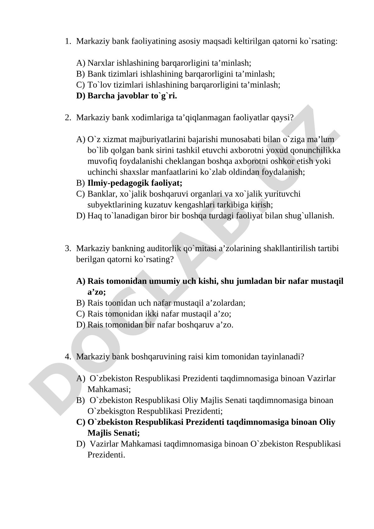 Markaziy bank faoliyati bo'yicha test savollari
