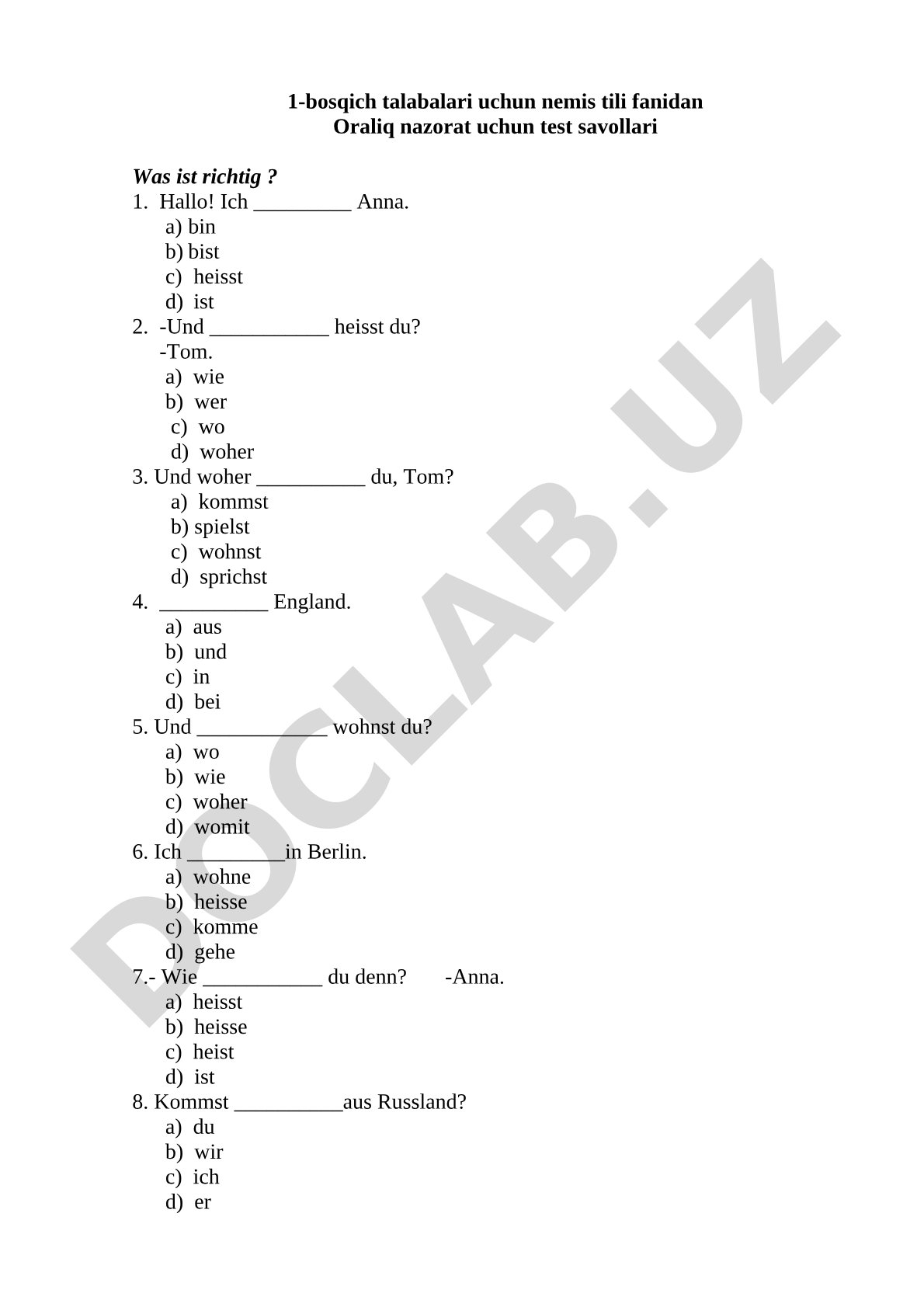 Nemis tili fanidan oraliq nazorat test savollari