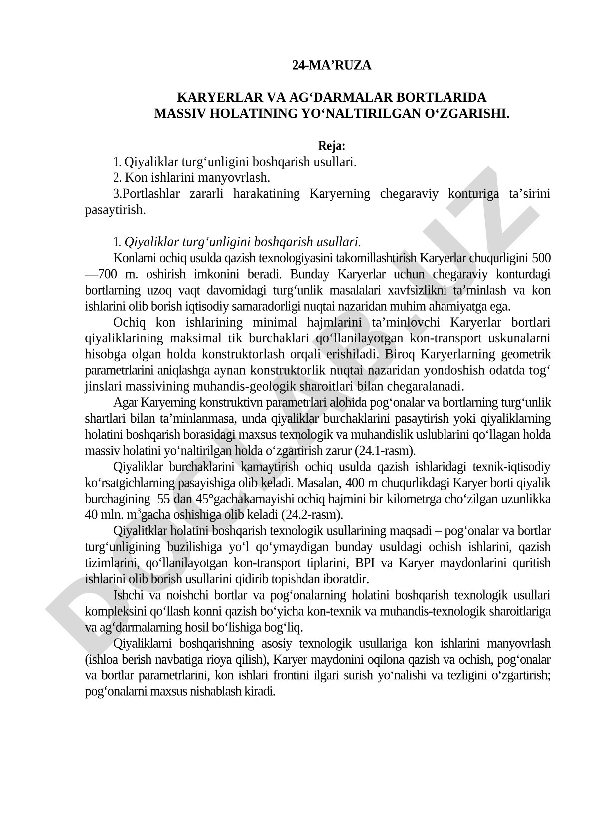 Karyerlar va ag‘darmalar bortlarida massiv holatining yo‘naltirilgan o‘zgarishi