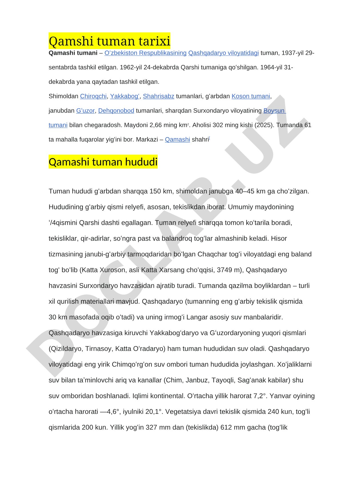 Qamashi tumanining tarixi, geografik joylashuvi, relyefi va tabiiy boyliklari haqida