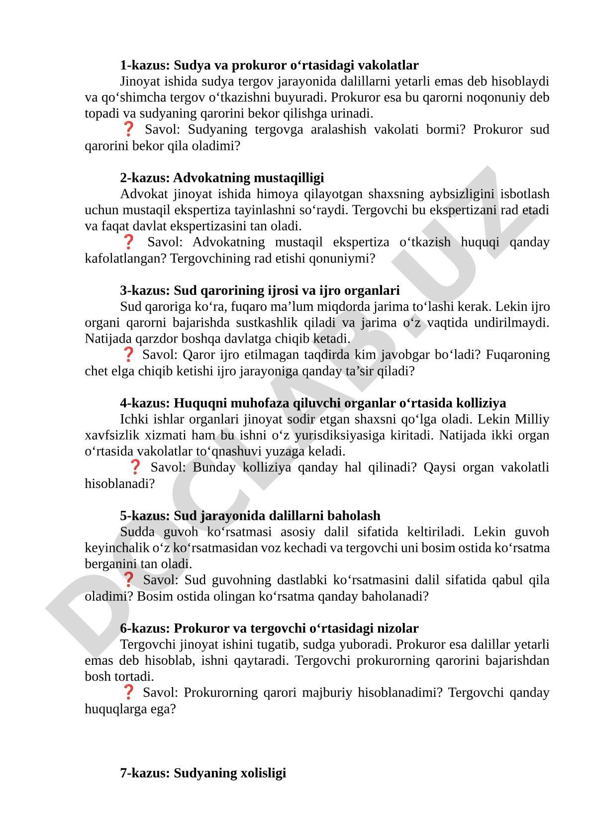 Jinoyat protsessida sudya, prokuror va advokat vakolatlari bo'yicha kazuslar
