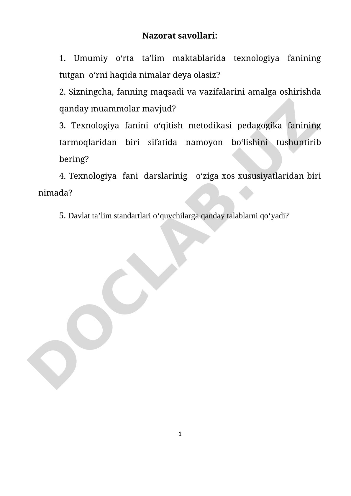 Texnologiya fani bo‘yicha nazorat savollari