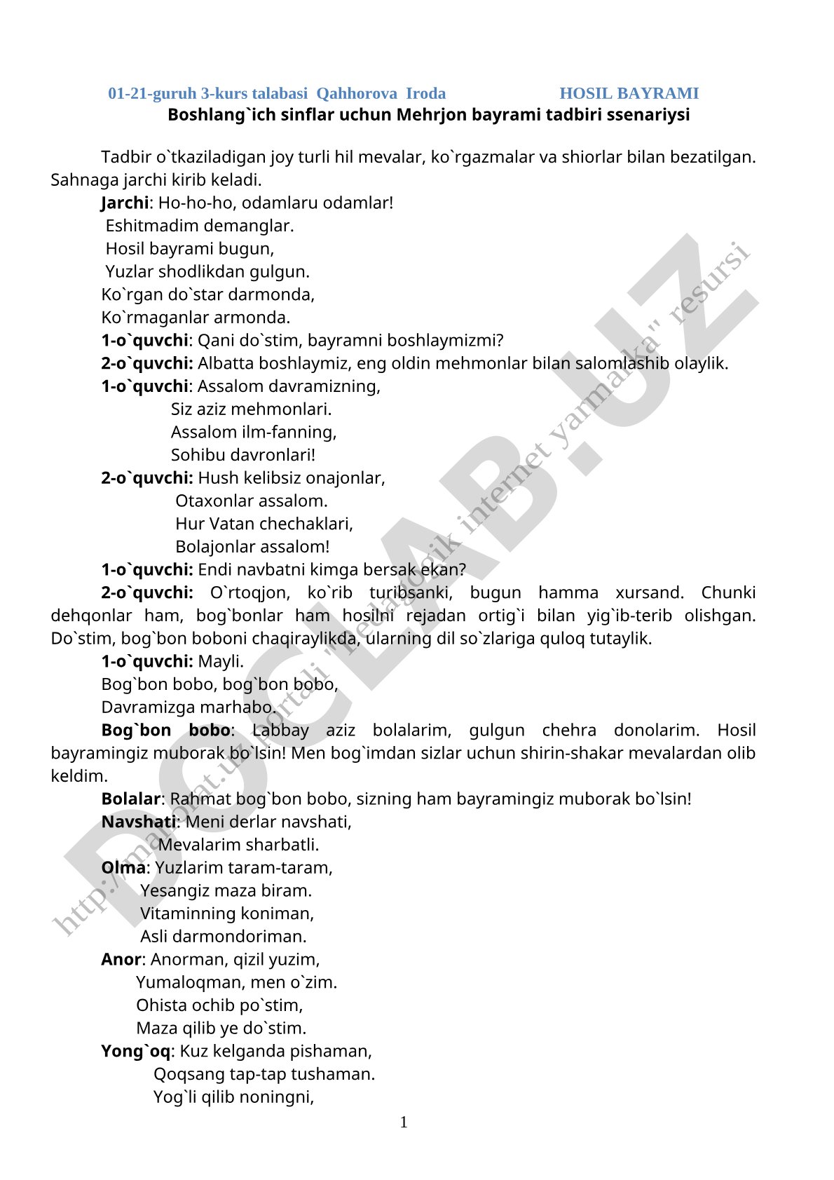 Hosil bayrami Boshlang'ich sinflar uchun «Mehrjon bayrami» tadbiri ssenariysi