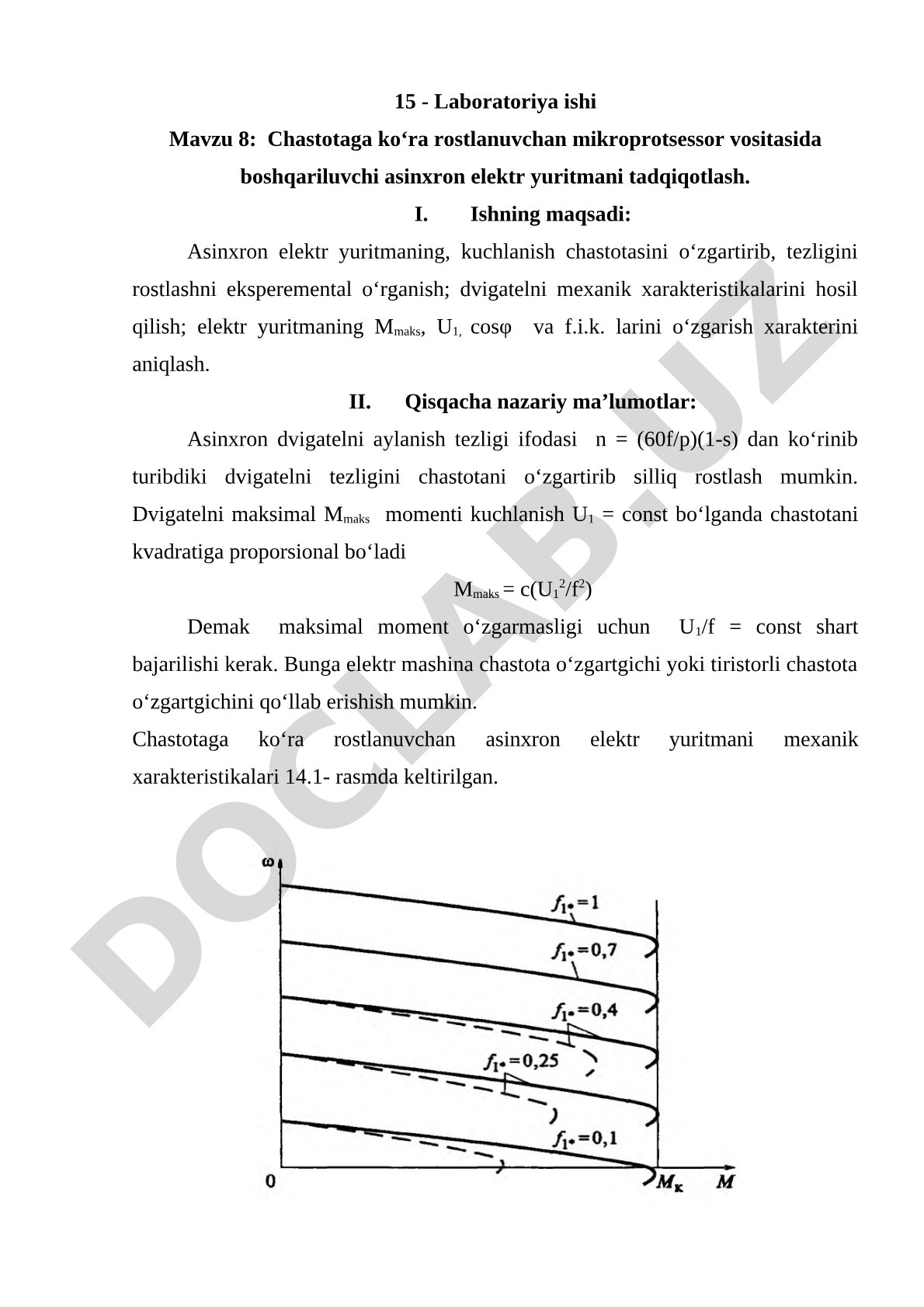 Chastotaga ko‘ra rostlanuvchan mikroprotsessor vositasida boshqariluvchi asinxron elektr yuritmani tadqiqotlash