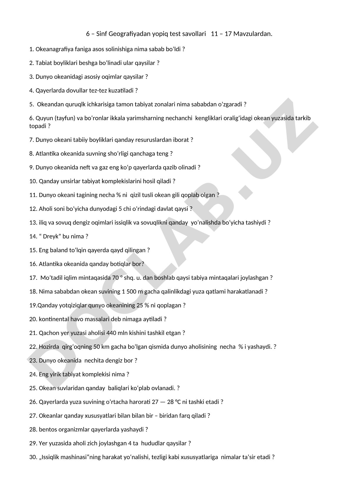 6-sinf geografiyadan yopiq test savollari (11-17 mavzular)