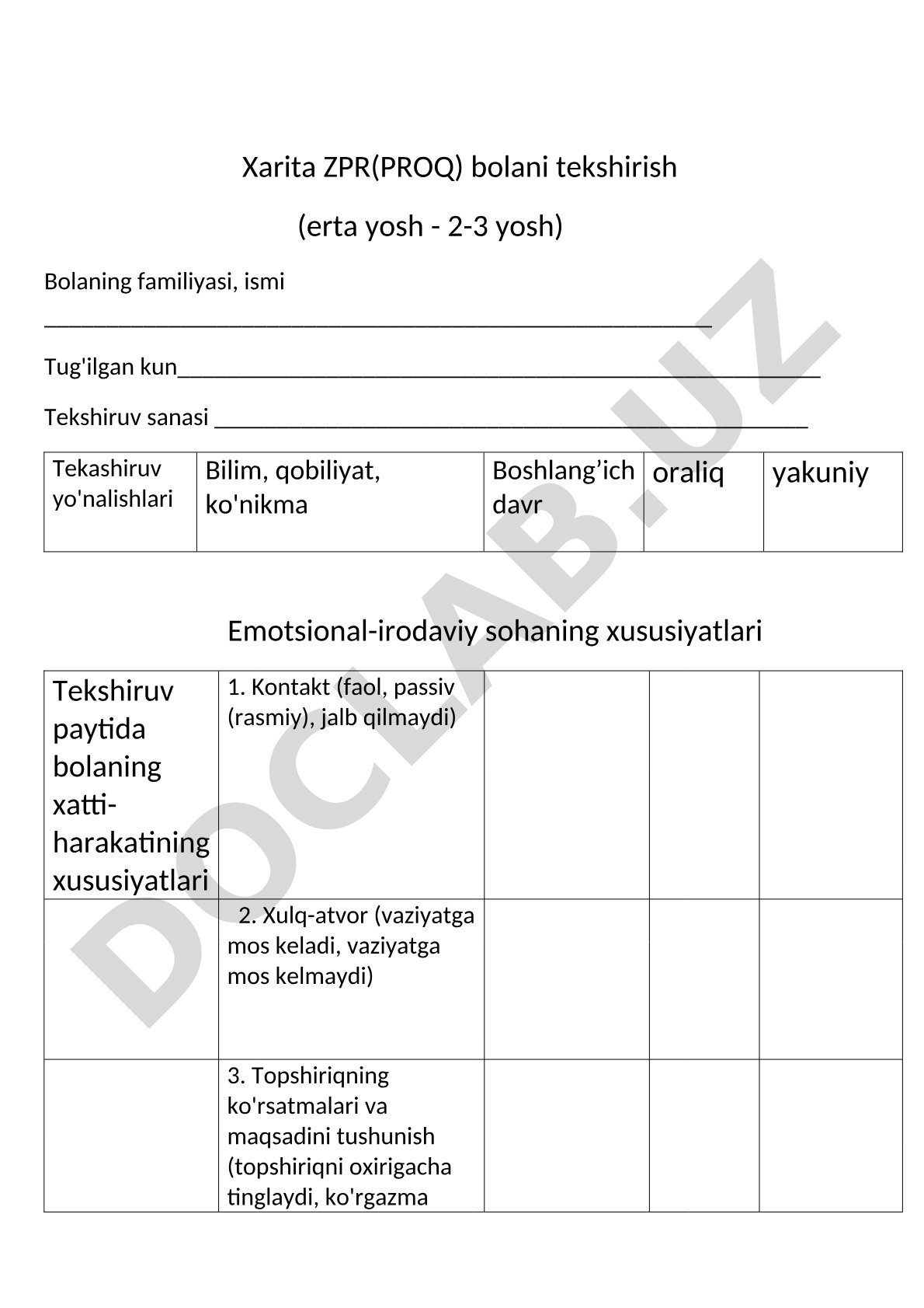 Xarita ZPR(PROQ) bolani tekshirish (erta yosh - 2-3 yosh)