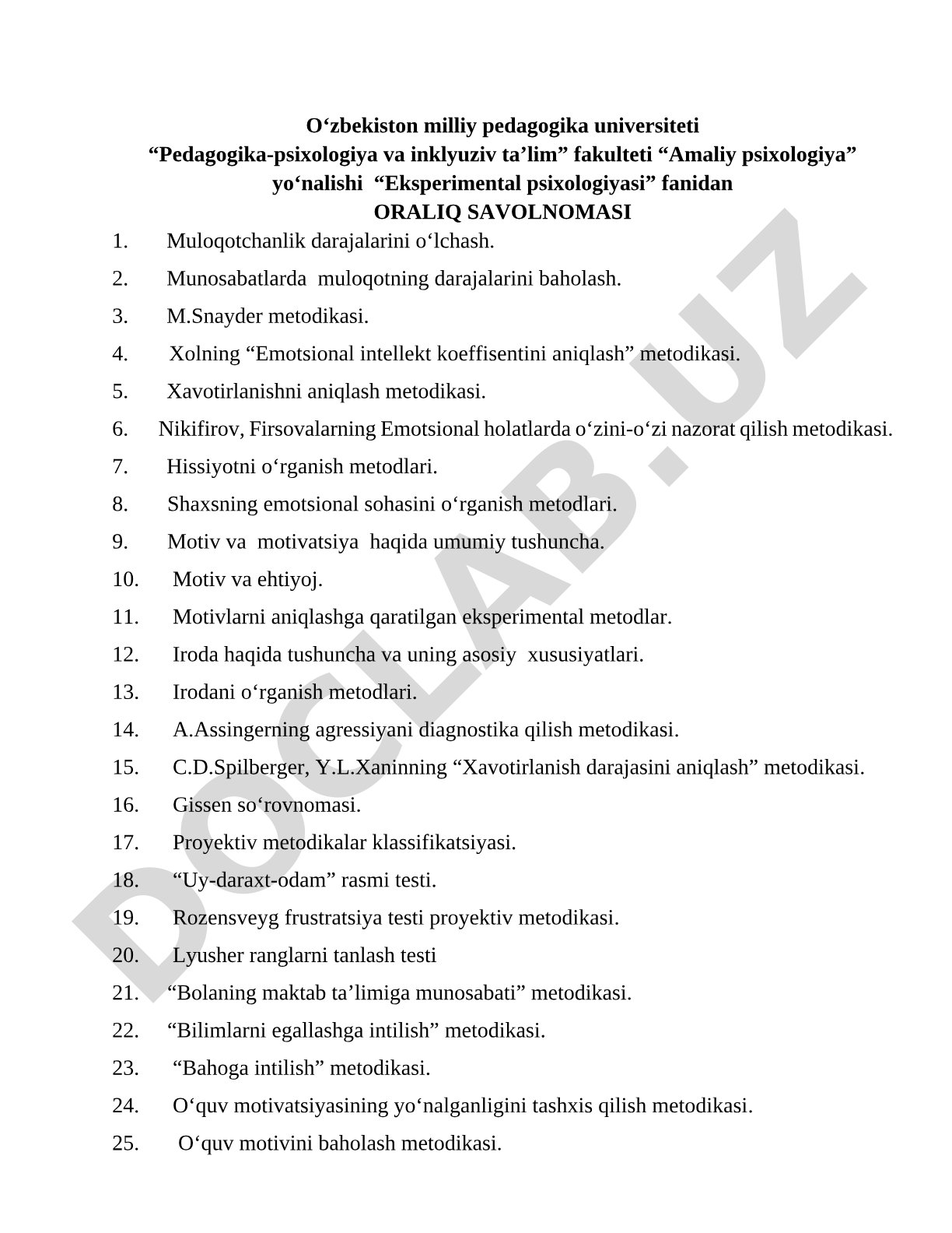 Eksperimental psixologiyasi fanidan oraliq savolnomasi