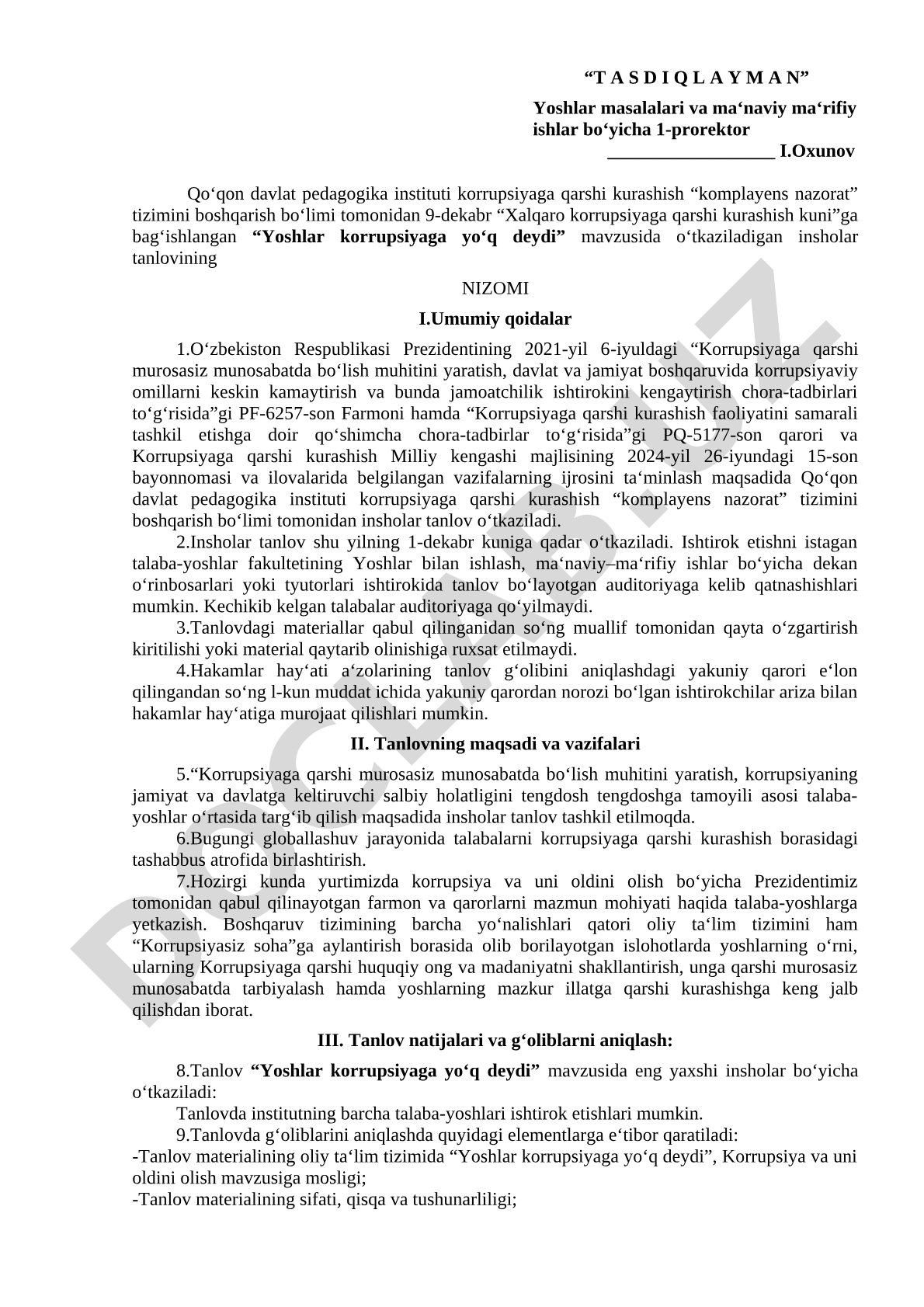 Yoshlar korrupsiyaga yo'q deydi insholar tanlovi nizomi