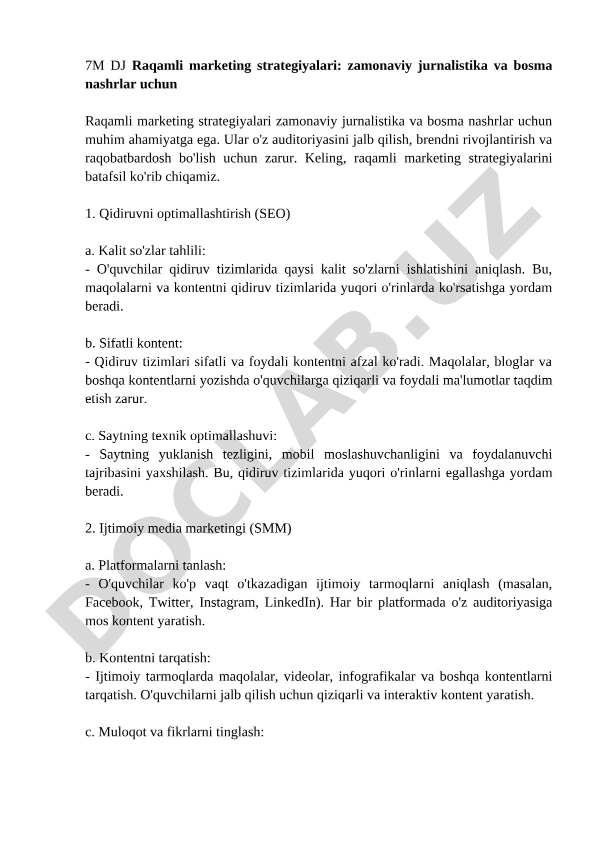7M DJ Raqamli marketing strategiyalari: zamonaviy jurnalistika va bosma nashrlar uchun