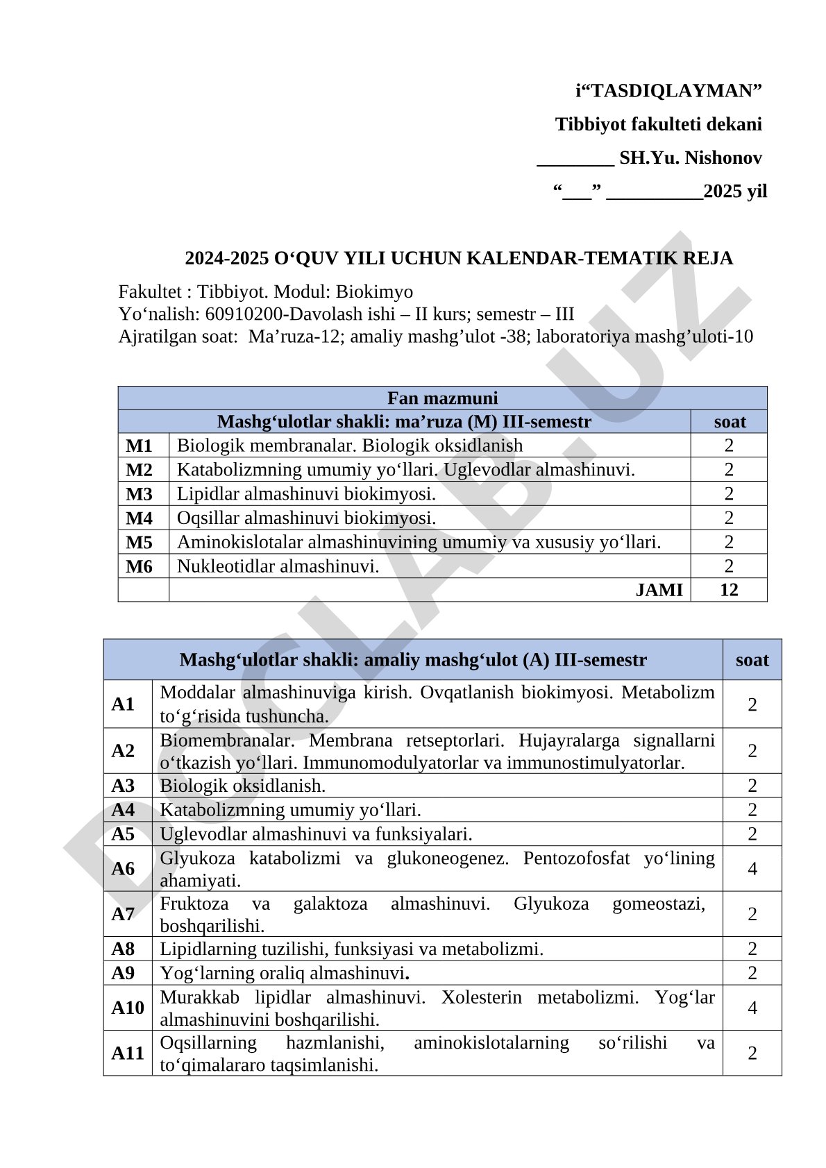 2024-2025 o'quv yili uchun kalendar-tematik reja: Biokimyo moduli