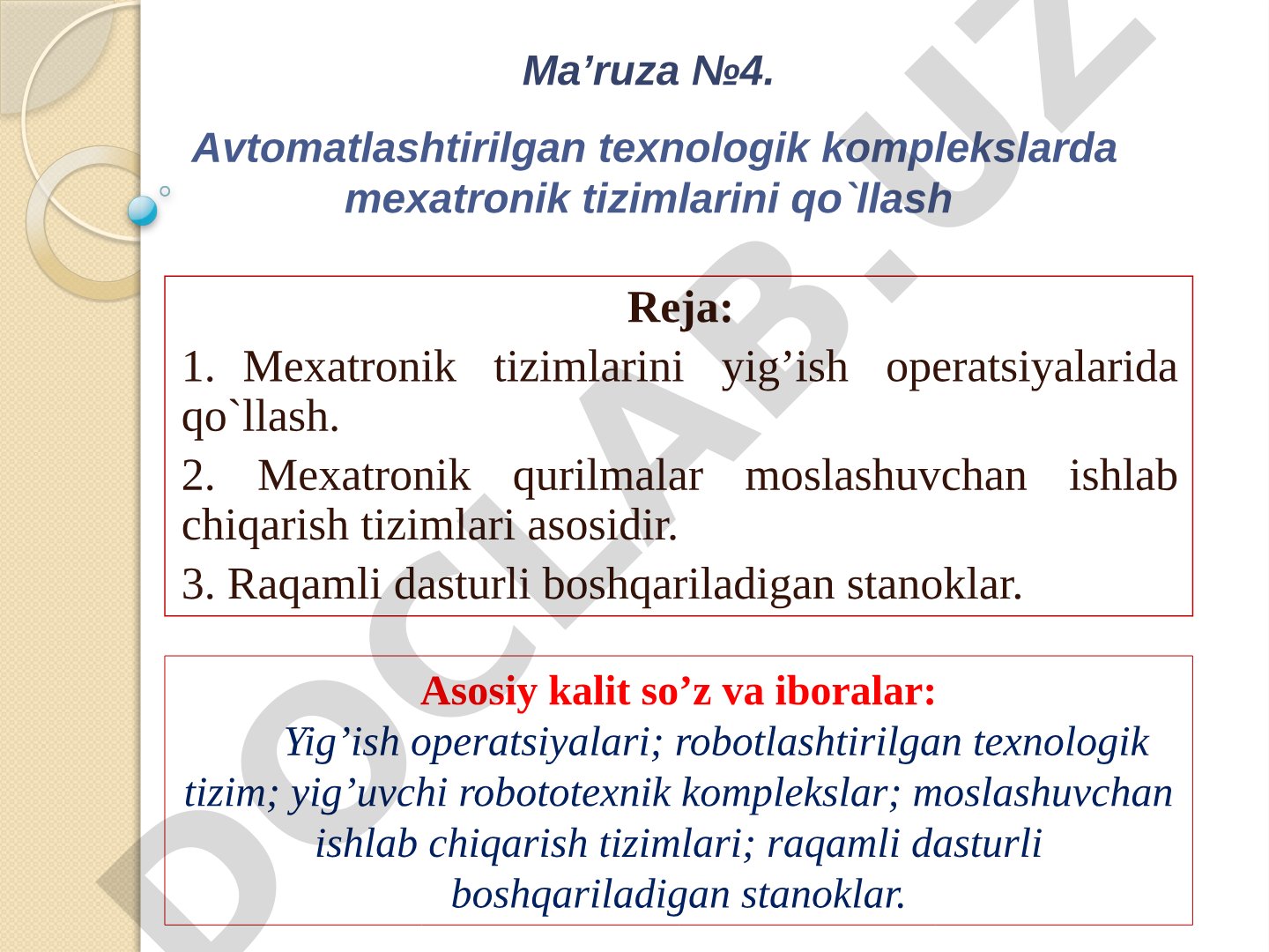 Avtomatlashtirilgan texnologik komplekslarda mexatronik tizimlarini qo`llash