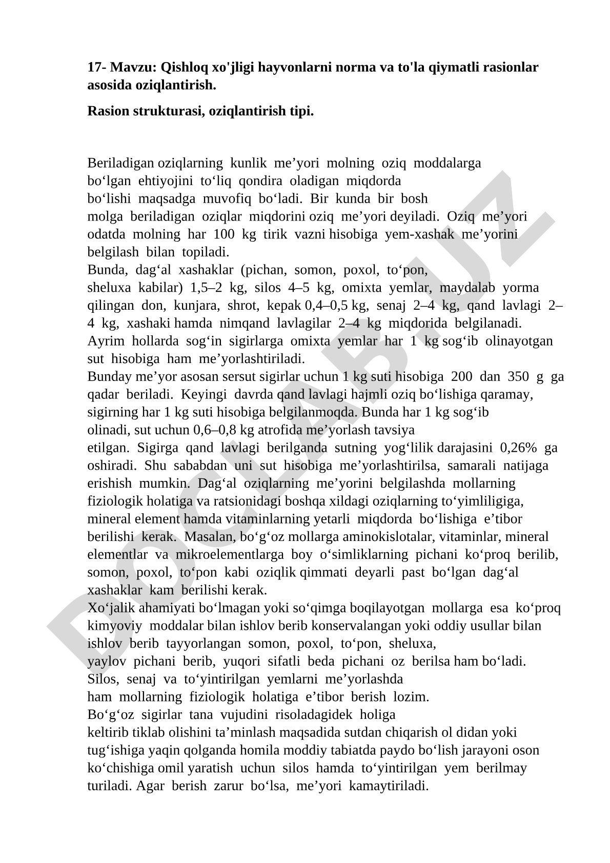 Qishloq хo'jligi hayvonlarni norma va to'la qiymatli rasionlar asosida oziqlantirish. Rasion strukturasi, oziqlantirish tipi.