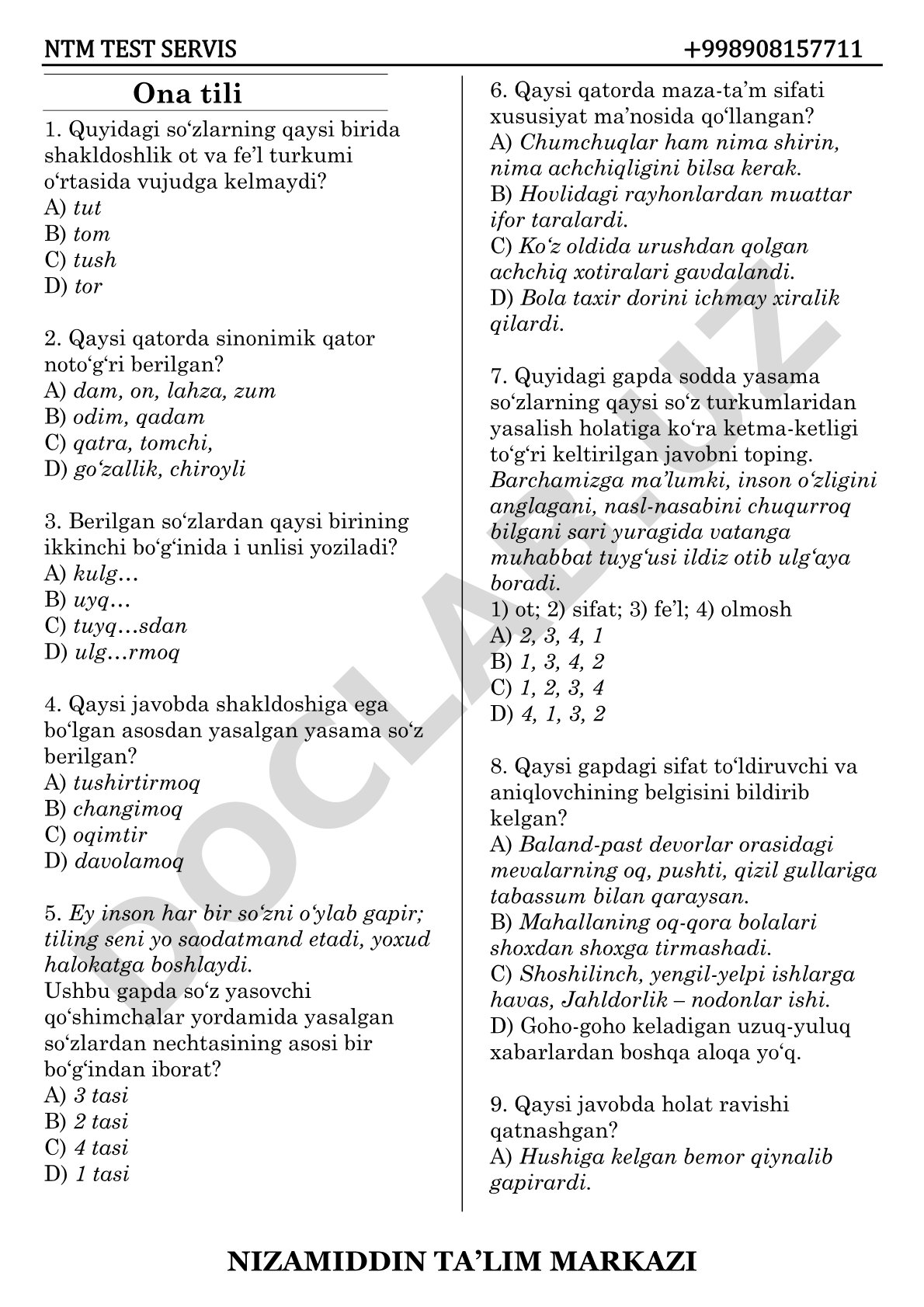 O'zbek tili grammatika va leksikologiya test savollari