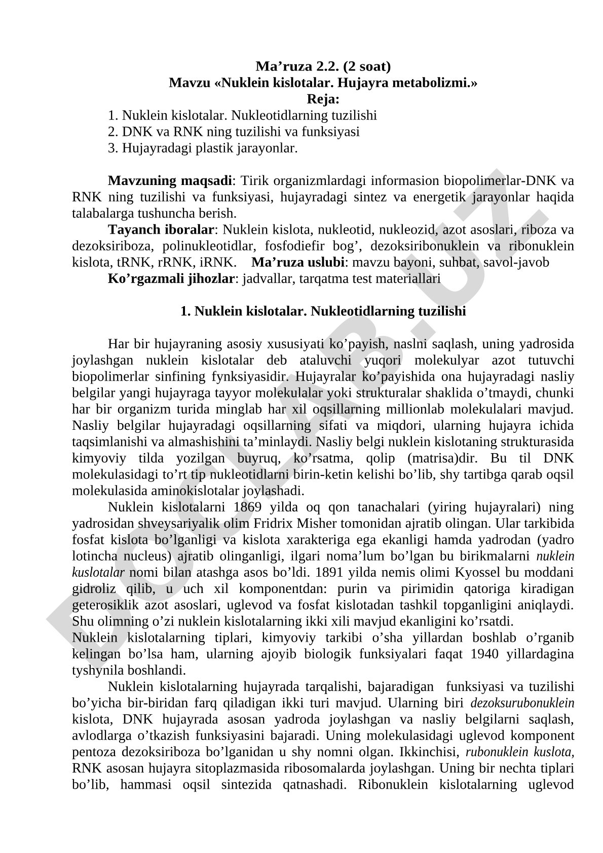 Nuklein kislotalar. Hujayra metabolizmi.