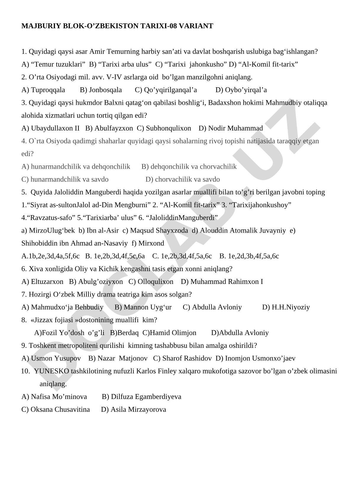O'zbekiston tarixi 08-variant test savollari
