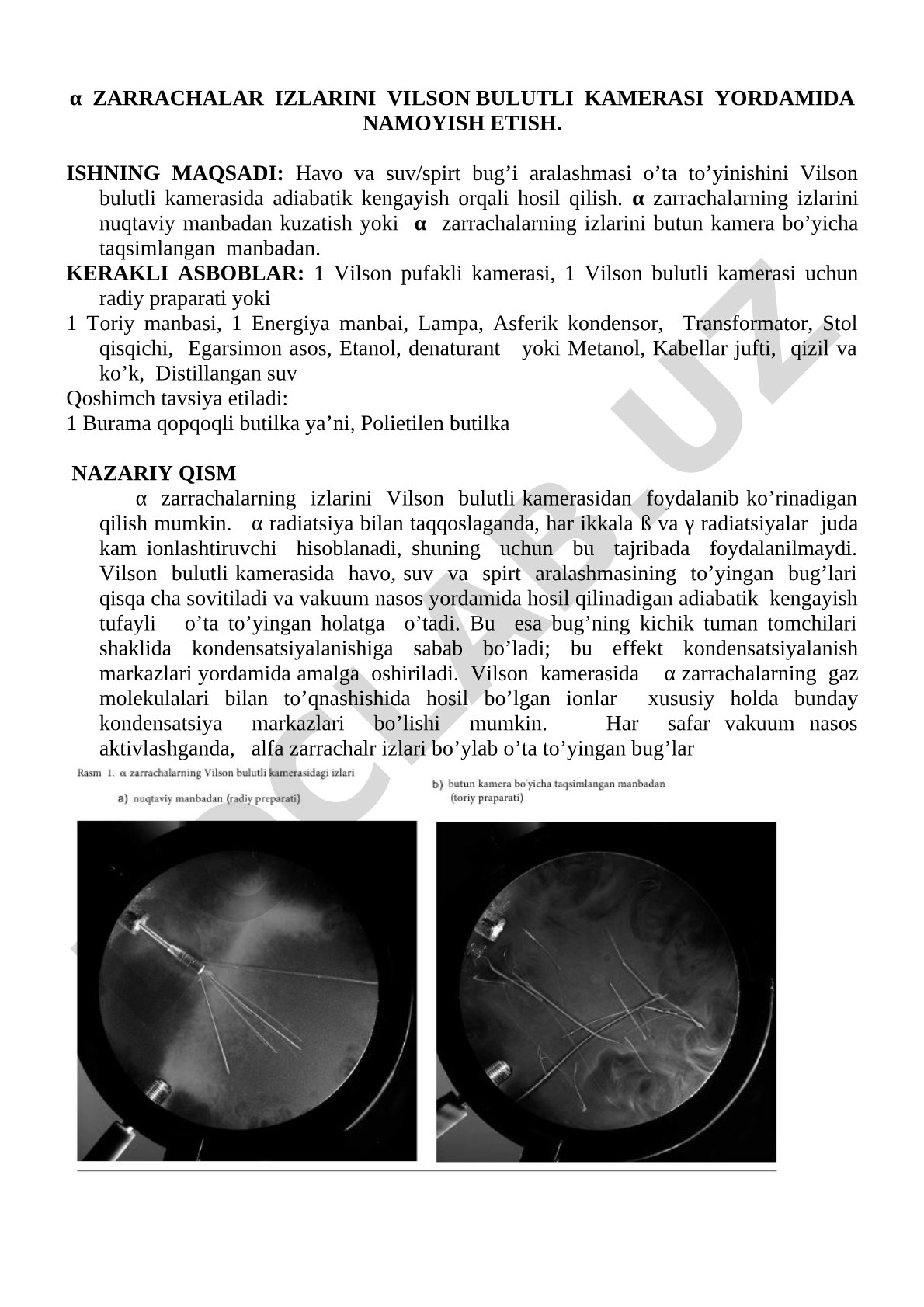 α zarrachalar izlarini Vilson bulutli kamerasi yordamida namoyish etish