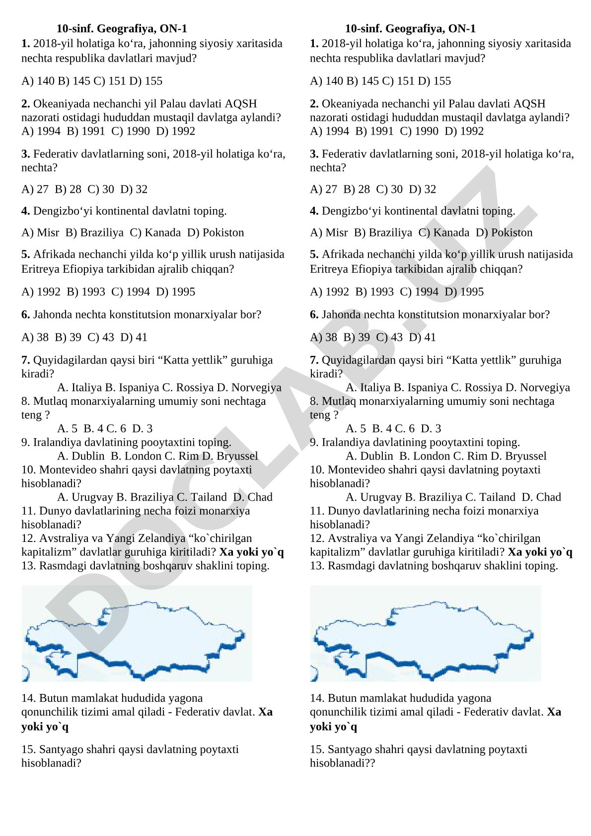 10-sinf geografiyasidan jahon siyosiy xaritasi, davlatlar va poytaxtlar bo‘yicha test