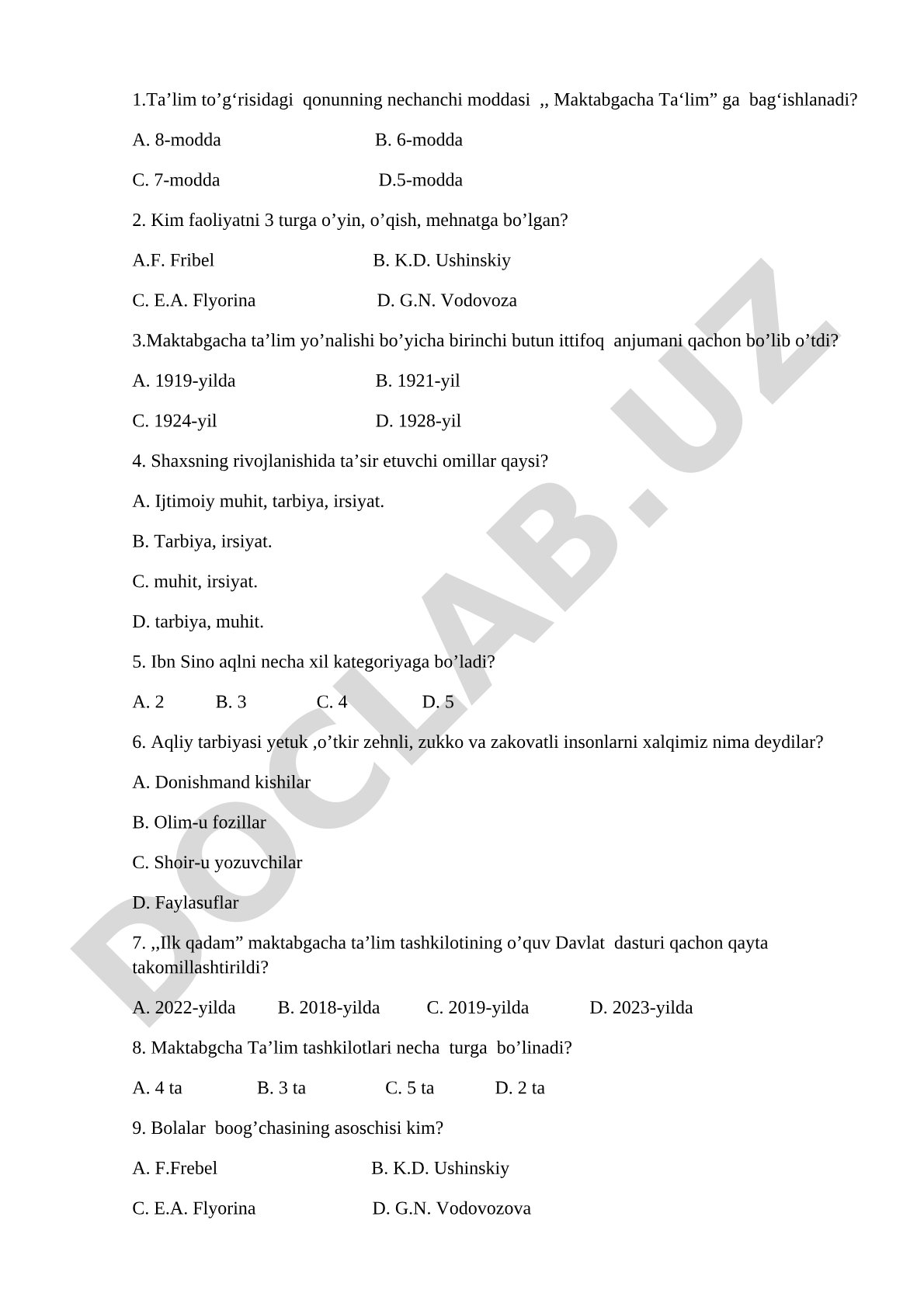 Maktabgacha ta’lim qonunchiligi, tarixi va pedagogik qarashlari testi