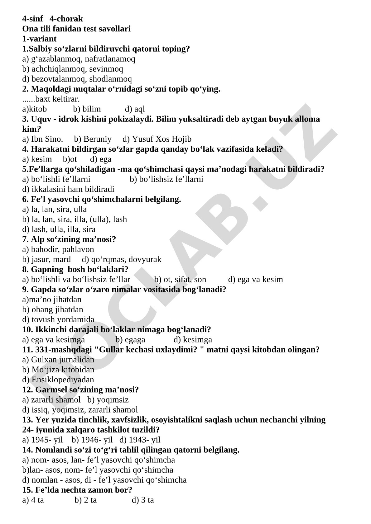 4-sinf Ona tili 4-chorak test savollari 1-variant