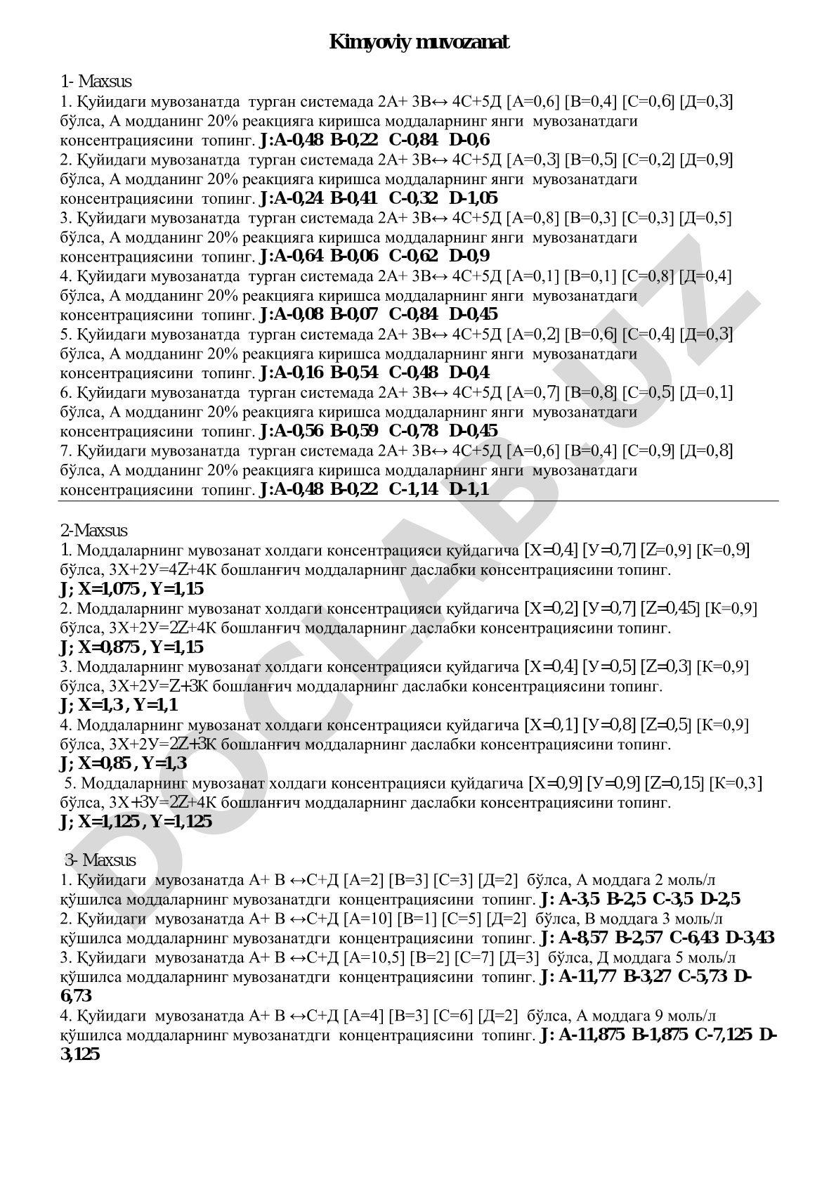 Kimyoviy muvozanat 1- Maxsus 1