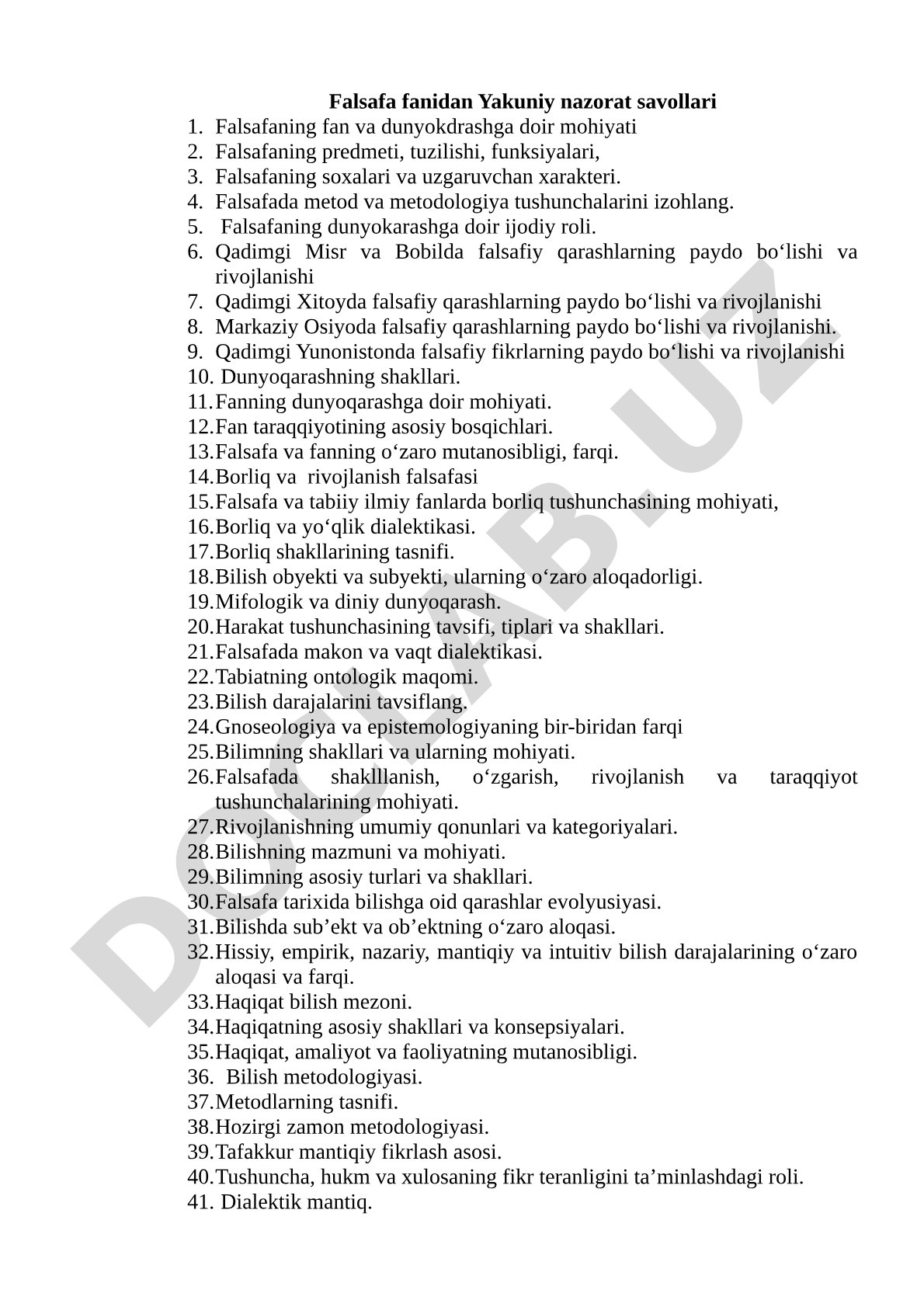 Falsafa fanidan yakuniy nazorat savollari