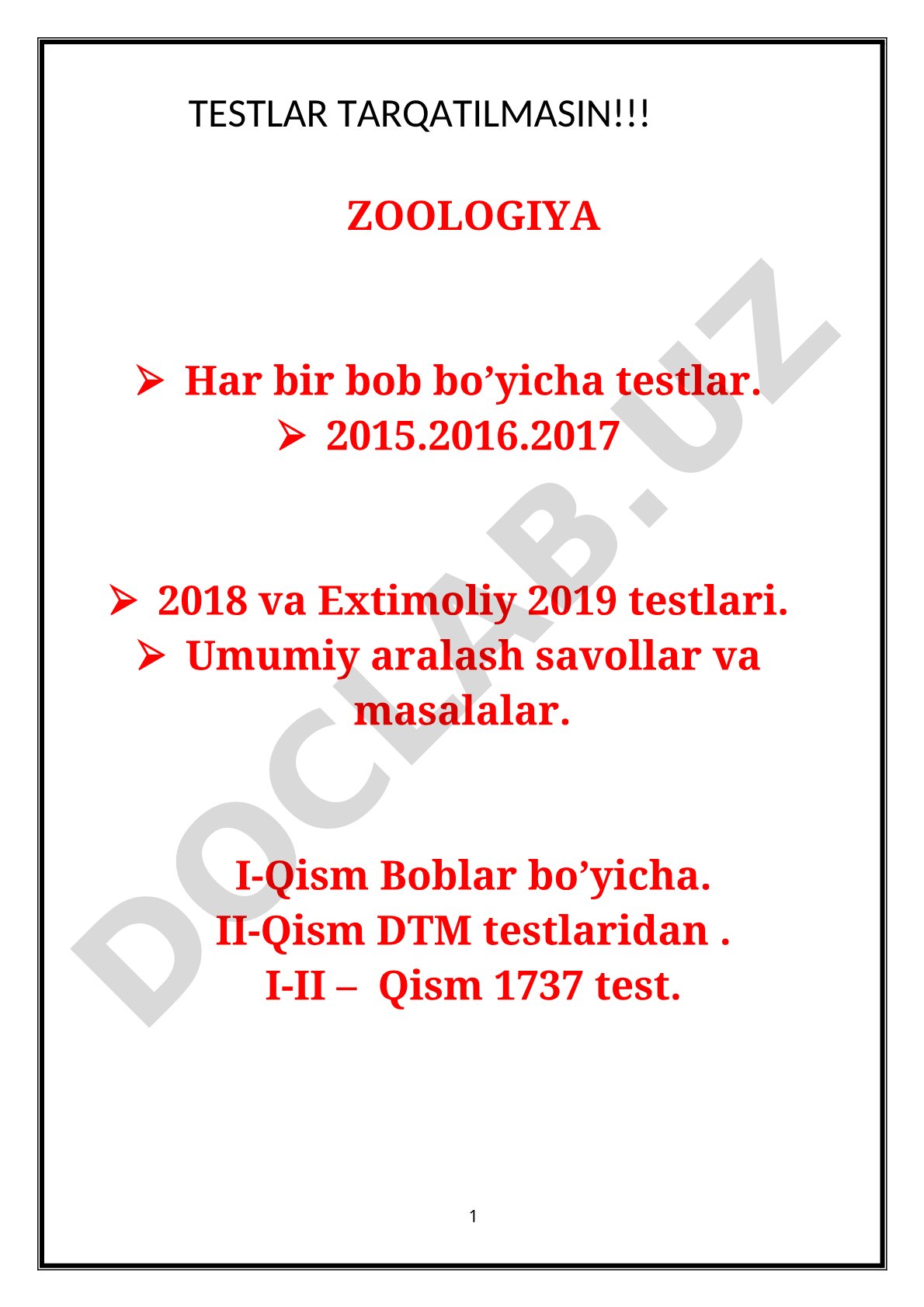 Zoologiya fanidan testlar to'plami