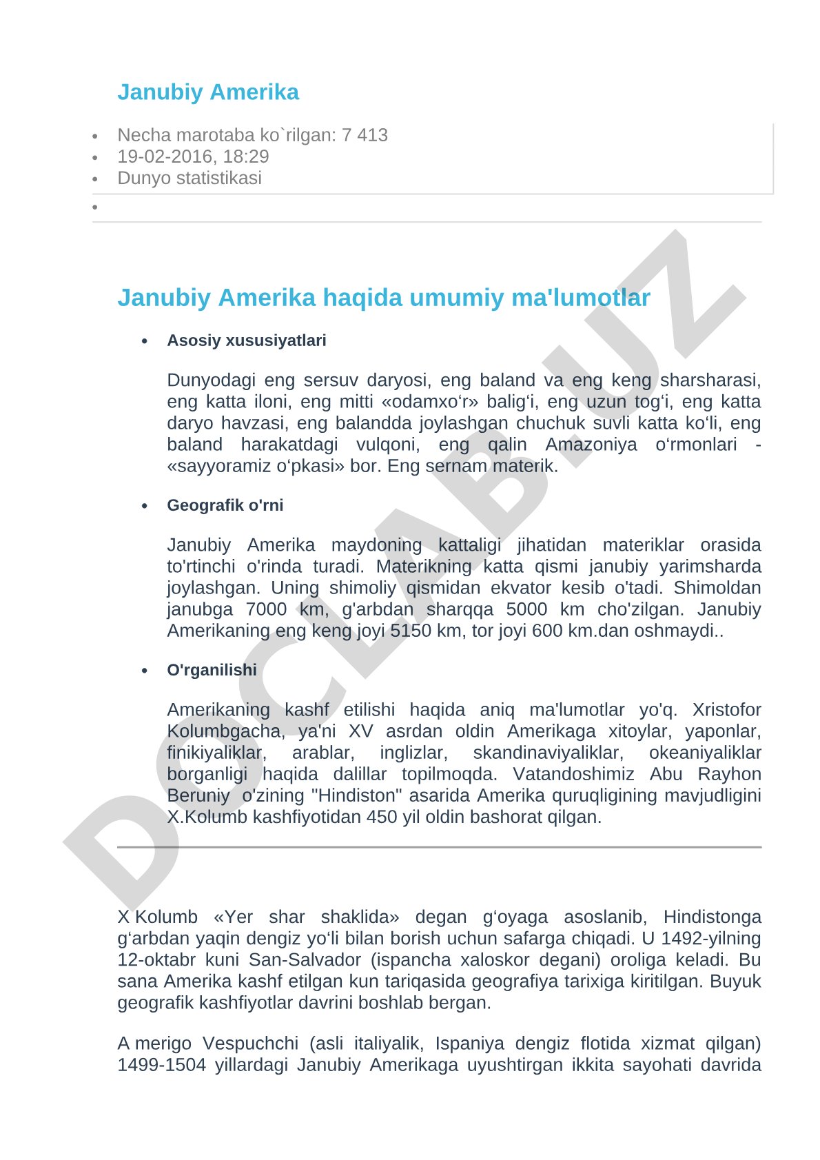 Janubiy Amerika haqida umumiy ma'lumotlar