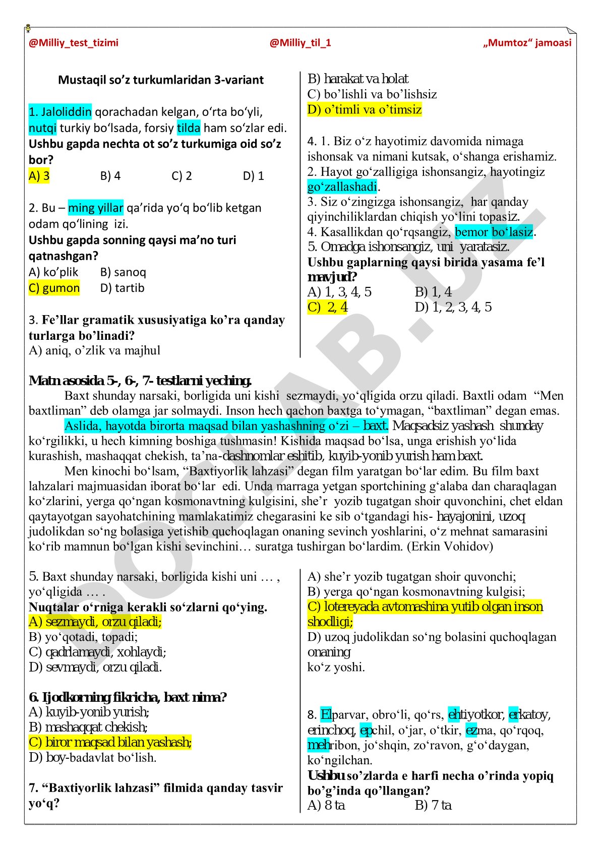 Mustaqil so’z turkumlaridan 3-variant