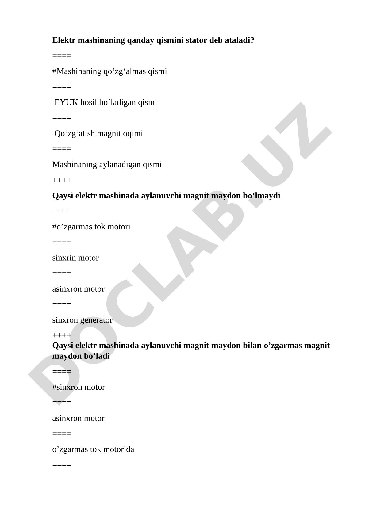 Elektr mashinalari test savollari