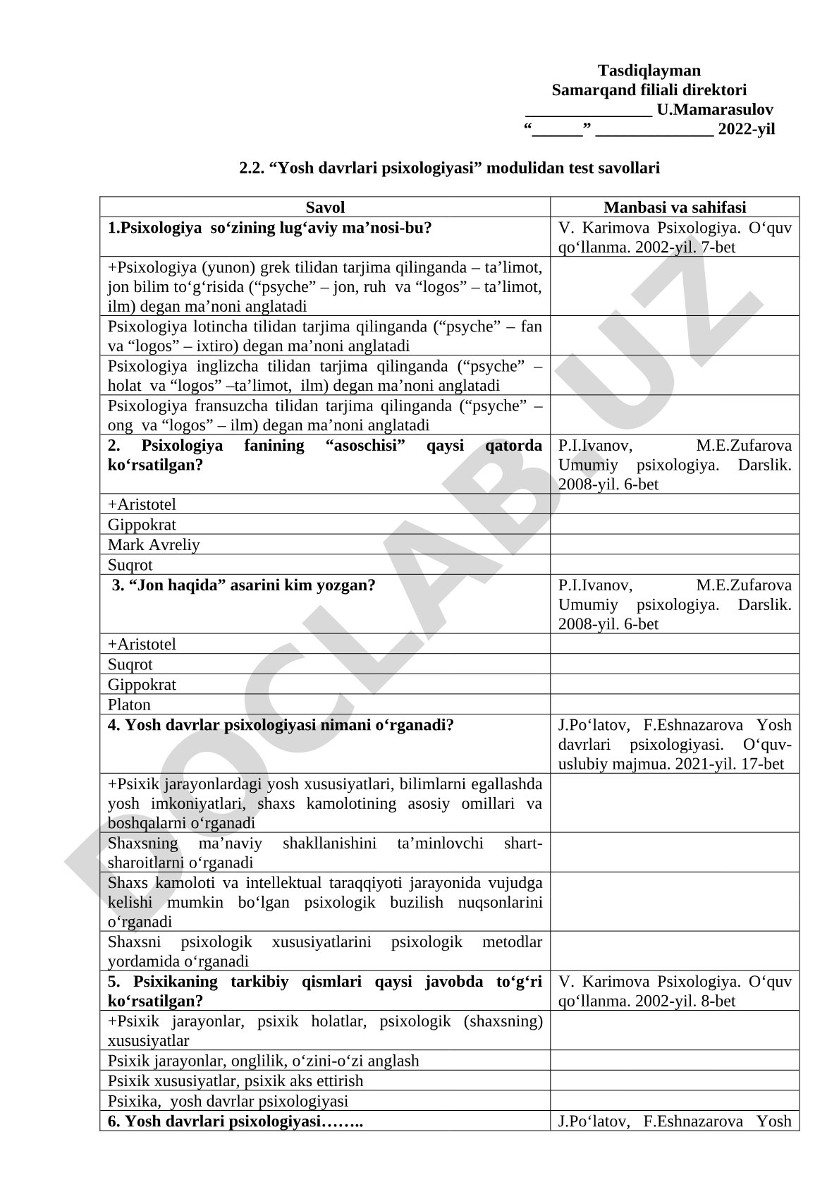 Yosh davrlari psixologiyasi modulidan test savollari