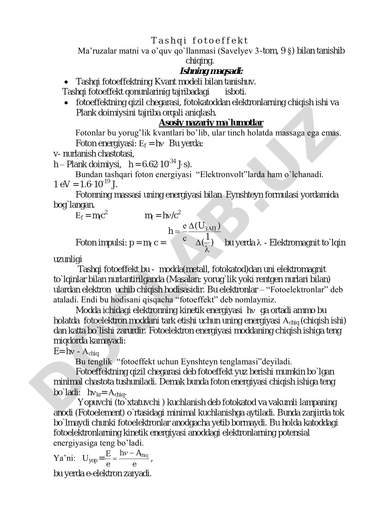 Tashqi fotoeffekt qonunlari va Plank doimiysini aniqlash