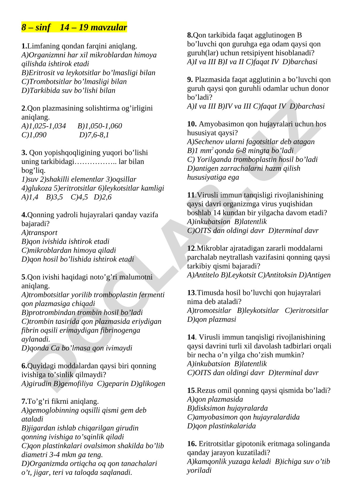 8-sinf qon va limfa mavzusiga oid test savollari