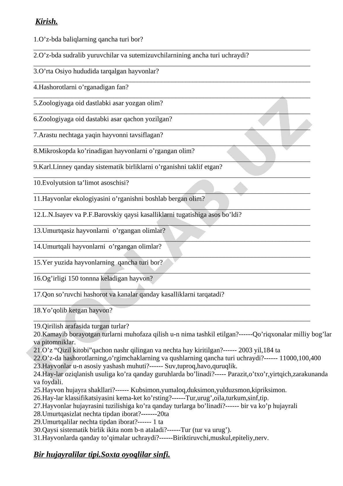 O'zbekiston hayvonot dunyosi va zoologiya faniga oid savollar