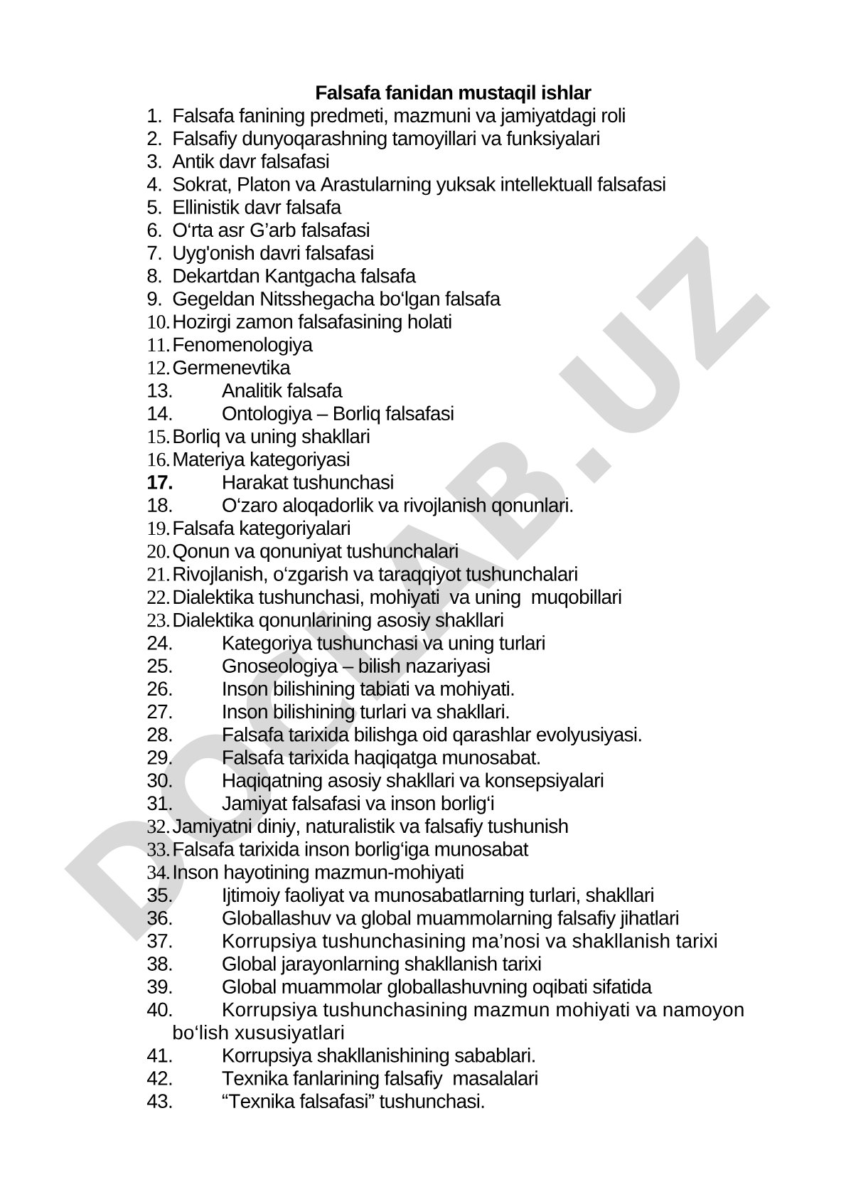 Falsafa fanidan mustaqil ishlar mavzulari
