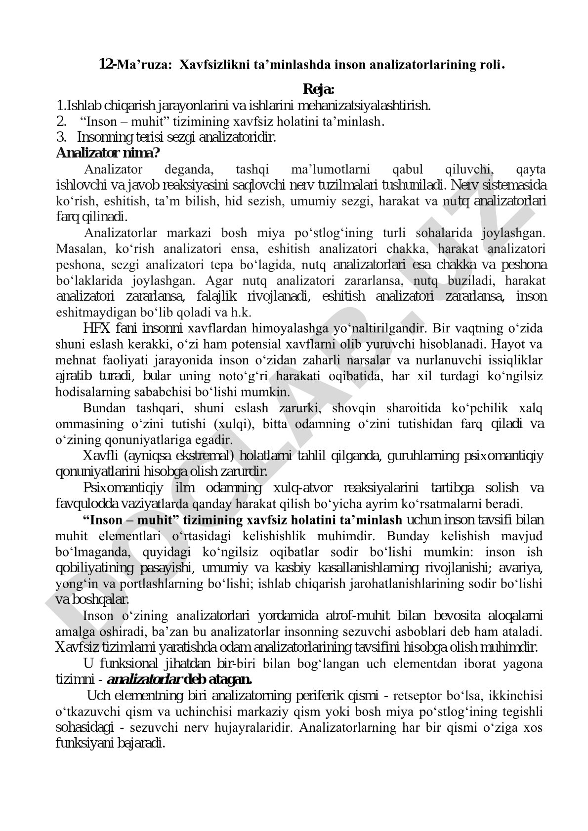 Xavfsizlikni ta’minlashda inson analizatorlarining roli
