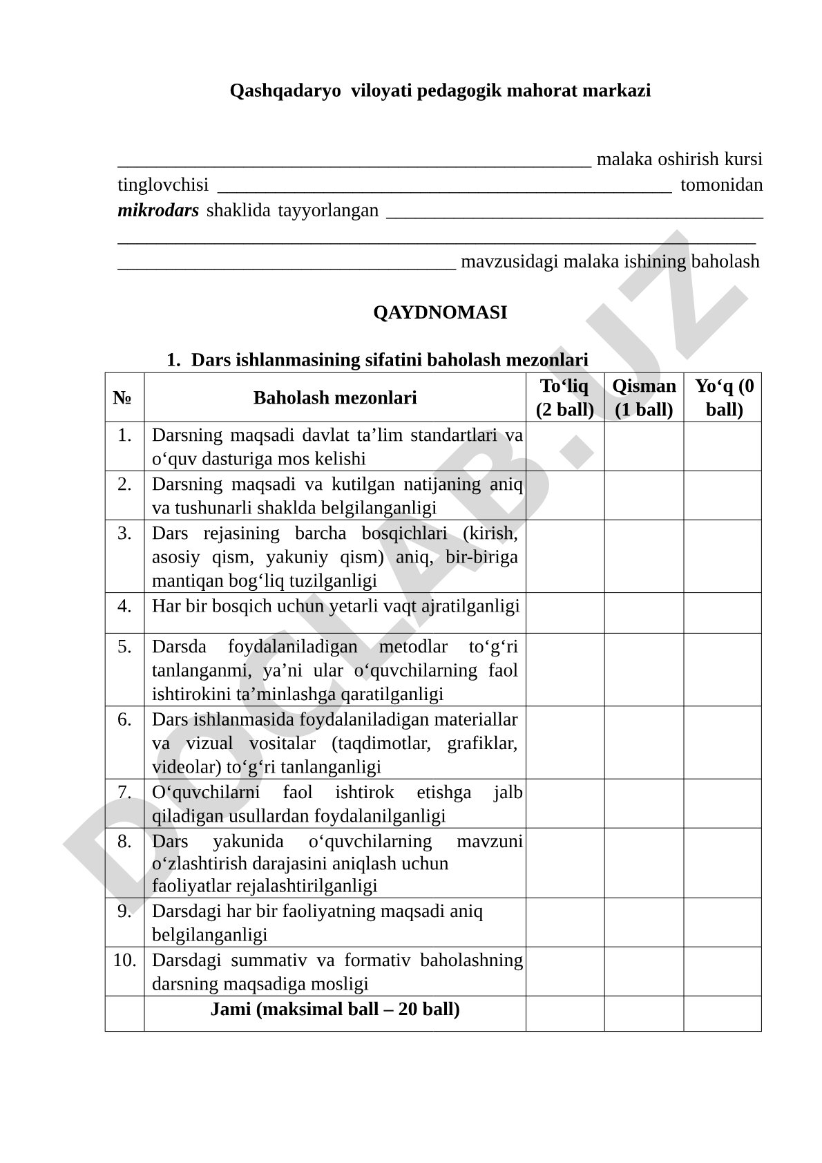 Mikrodars shaklidagi malaka ishini baholash qaydnomasi