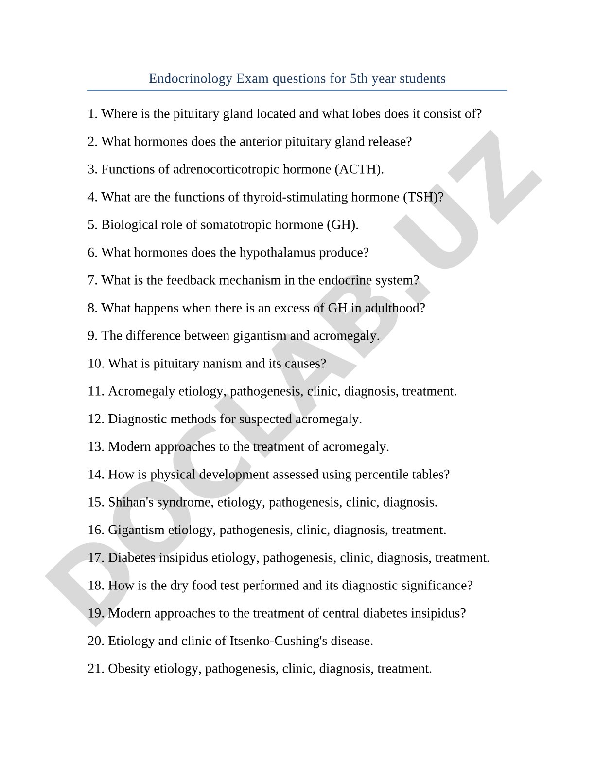 Endocrinology exam questions for 5th year students