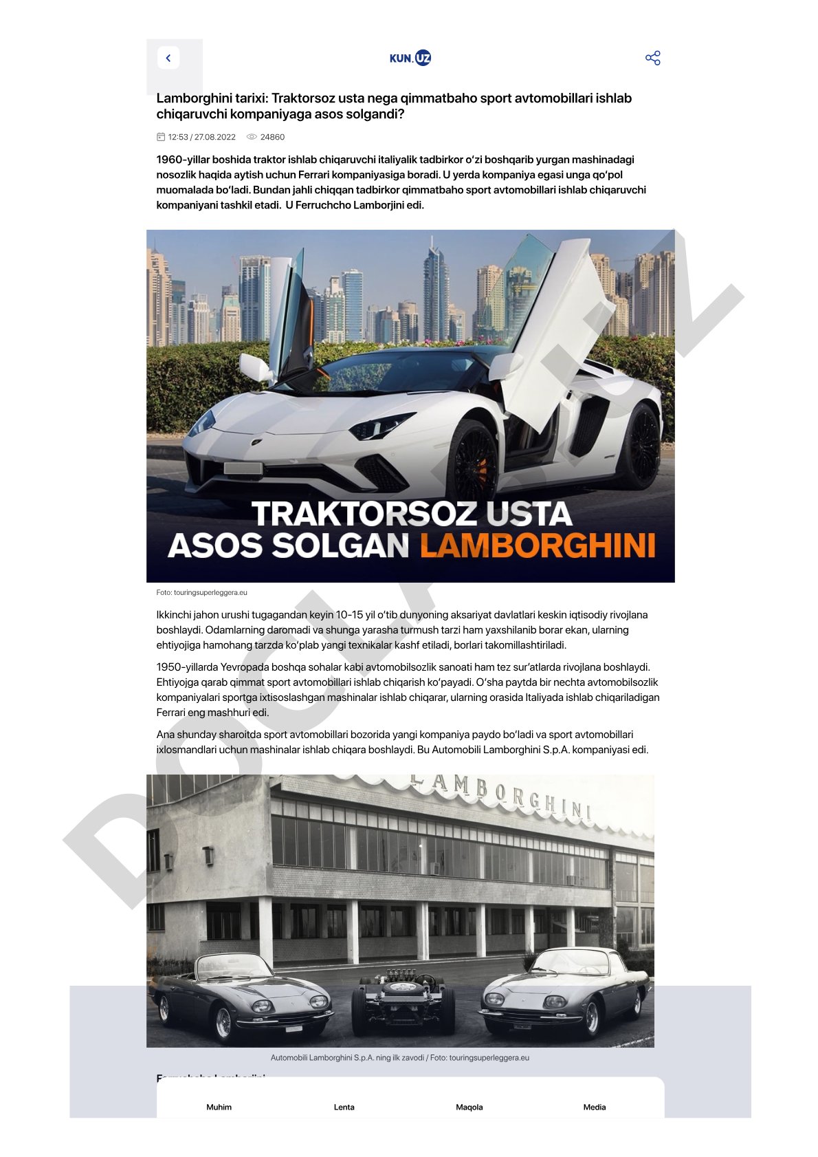 Lamborghini tarixi: Traktorsoz usta nega qimmatbaho sport avtomobillari ishlab chiqaruvchi kompaniyaga asos solgandi?