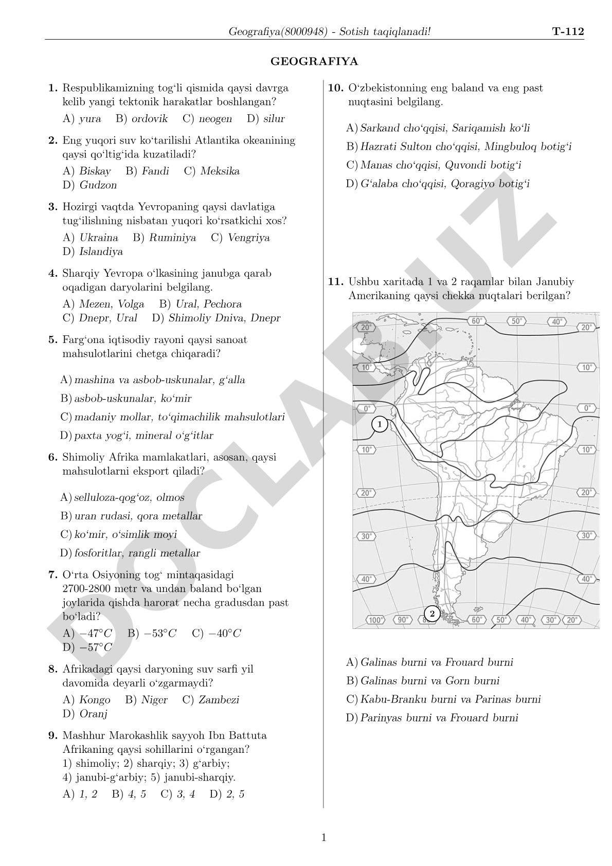 Geografiya fanidan test savollari