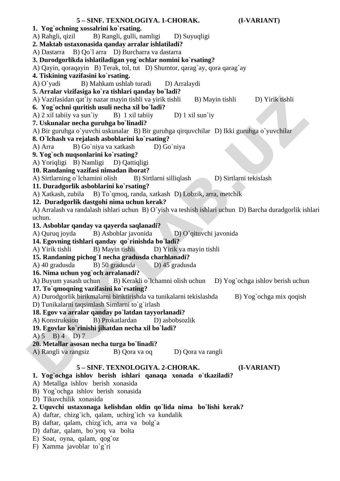 5-sinf Texnologiya 1-chorak test savollari