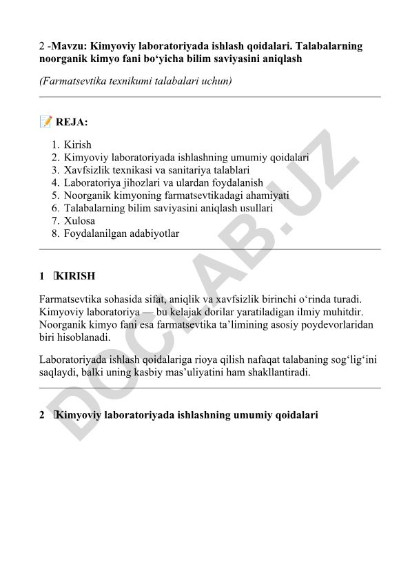 Kimyoviy laboratoriyada ishlash qoidalari va noorganik kimyo bilimlarini aniqlash