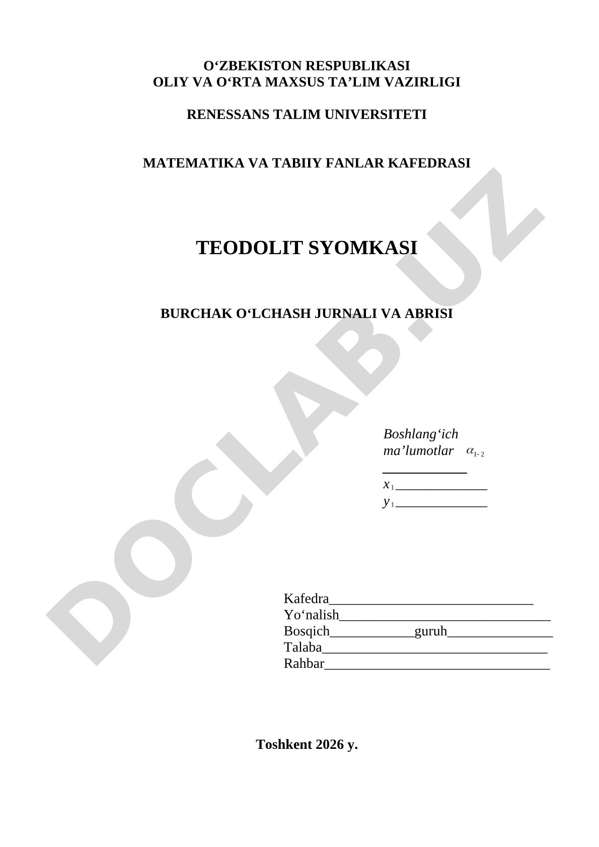 Teodolit syomkasi burchak o'lchash jurnali va abrisi