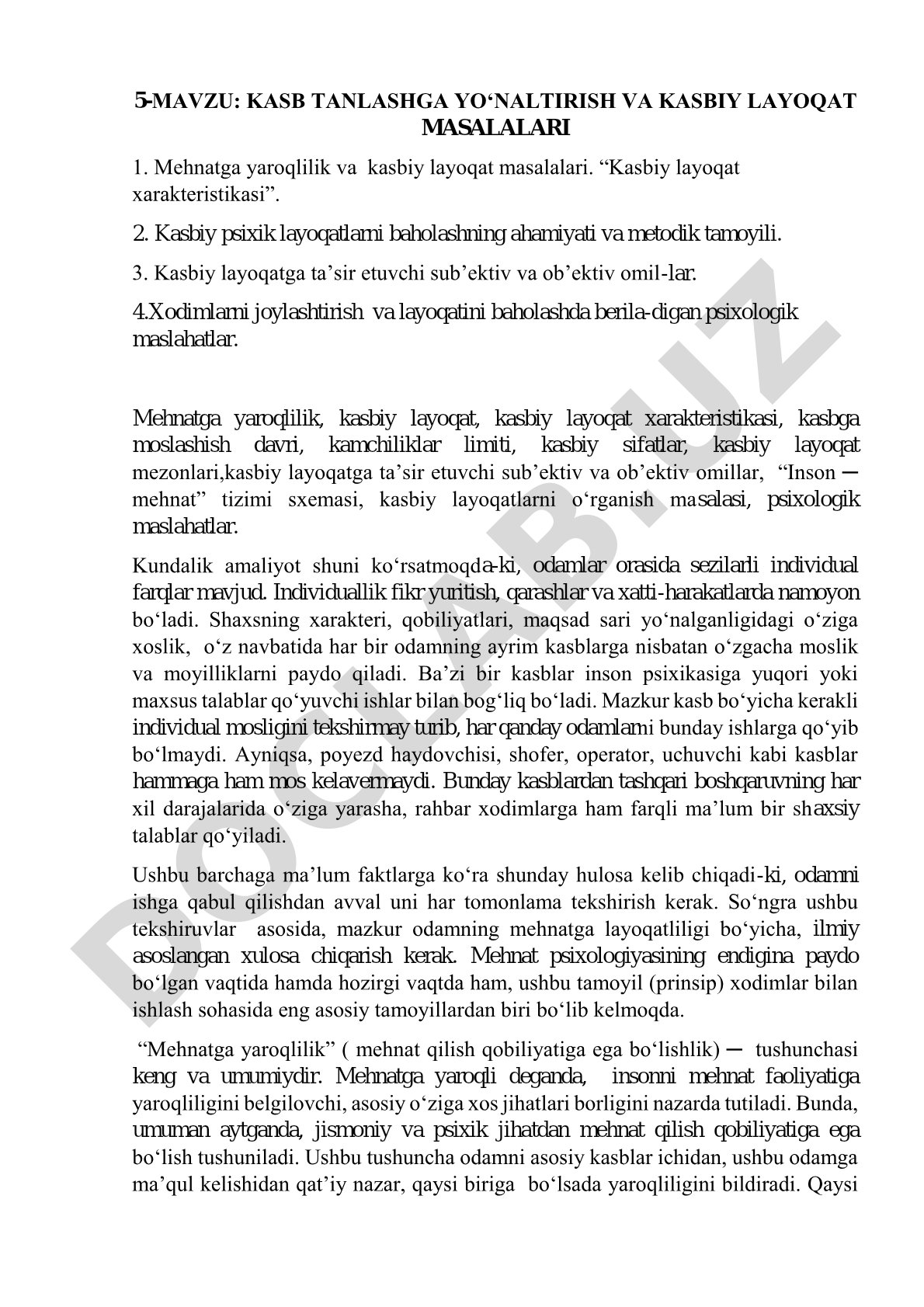 Kasb tanlashga yo‘naltirish va kasbiy layoqat masalalari