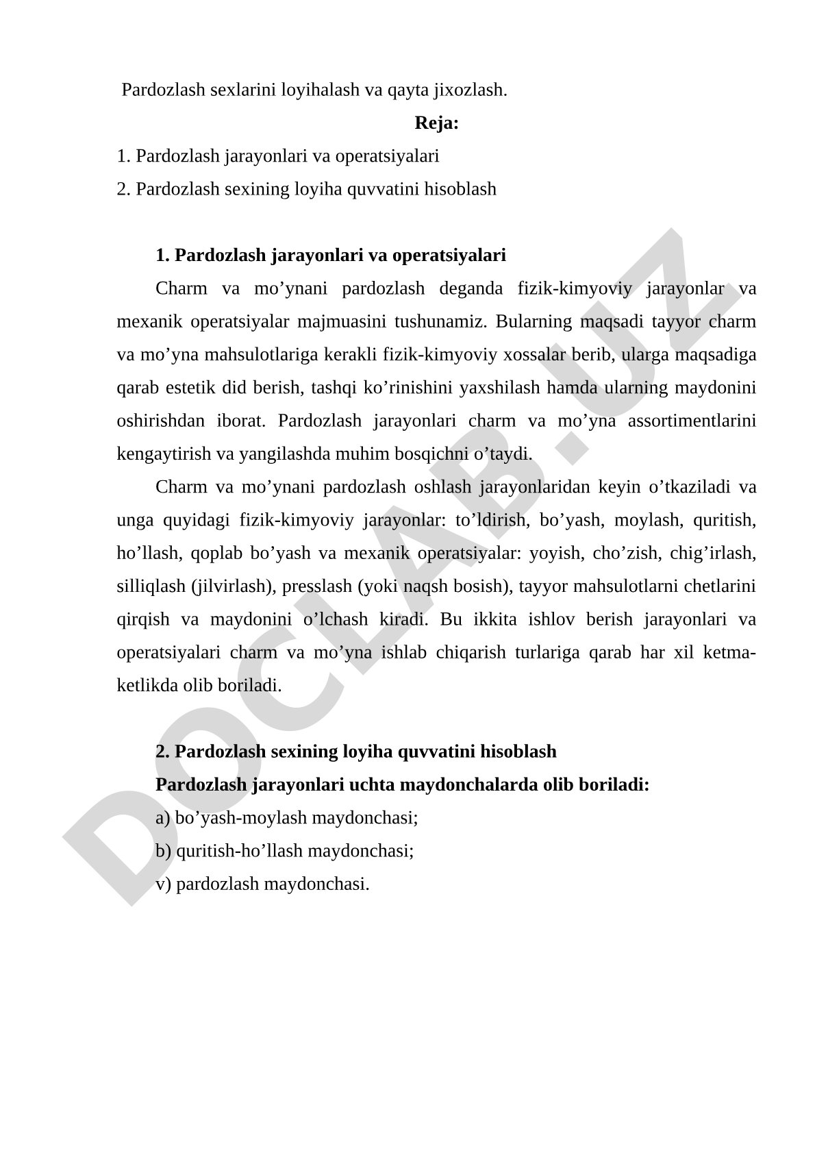 Pardozlash sexlarini loyihalash va qayta jixozlash