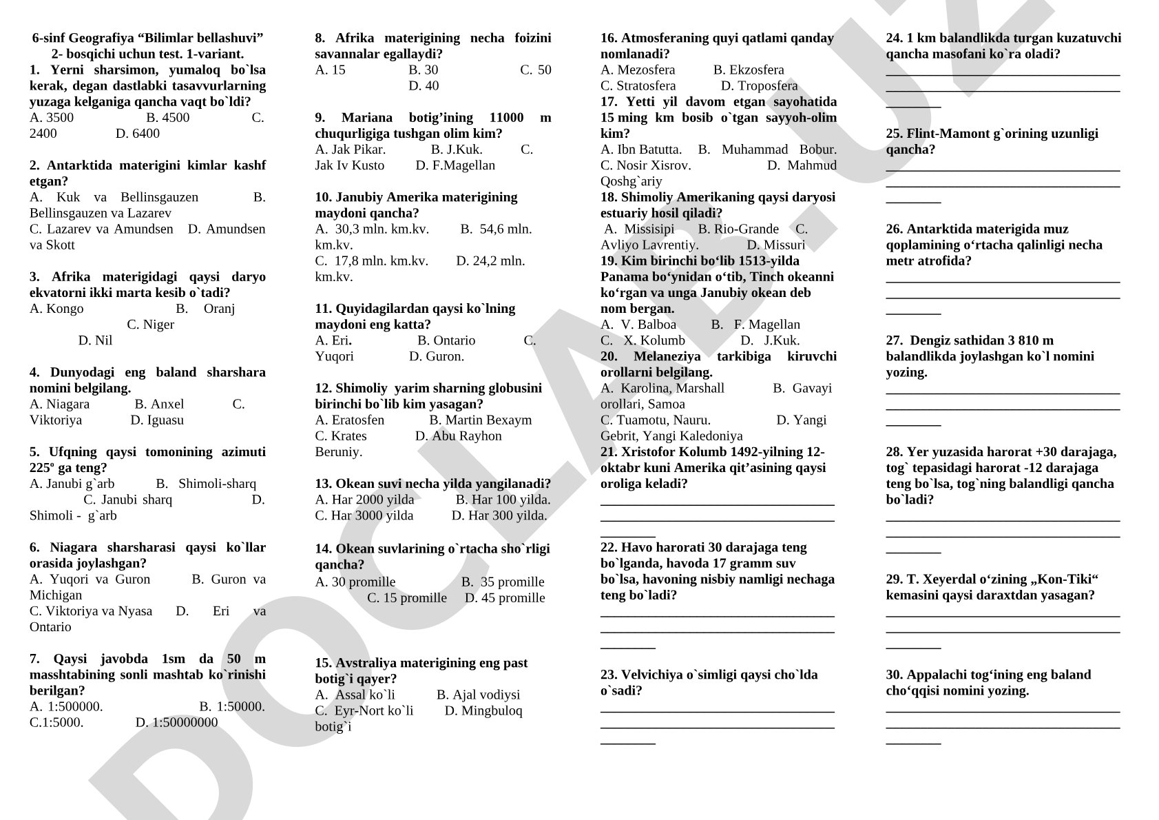 6-sinf Geografiya Bilimlar bellashuvi 2-bosqich testi